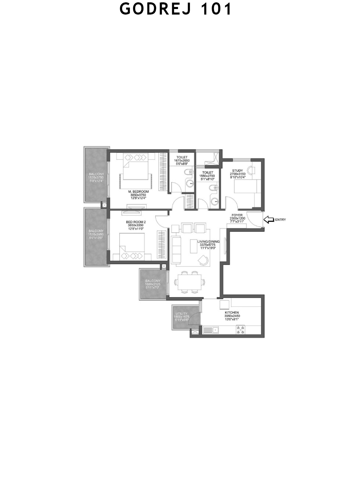 Godrej 101 Tower A Unit 5 (Type 3) Floor Plan