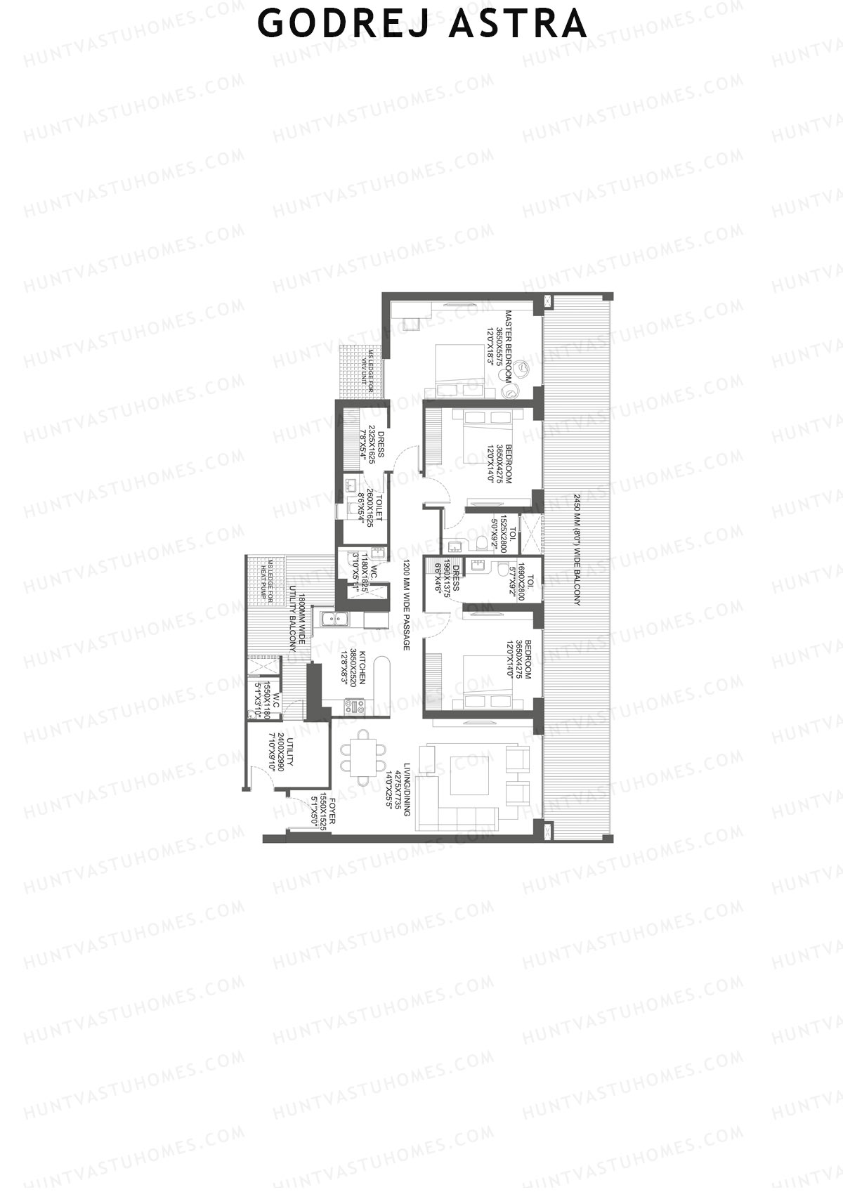 Godrej Astra, Tower 1, Unit 2 (Type 1), 3BHK, Carpet Area 1617   sq ft 
