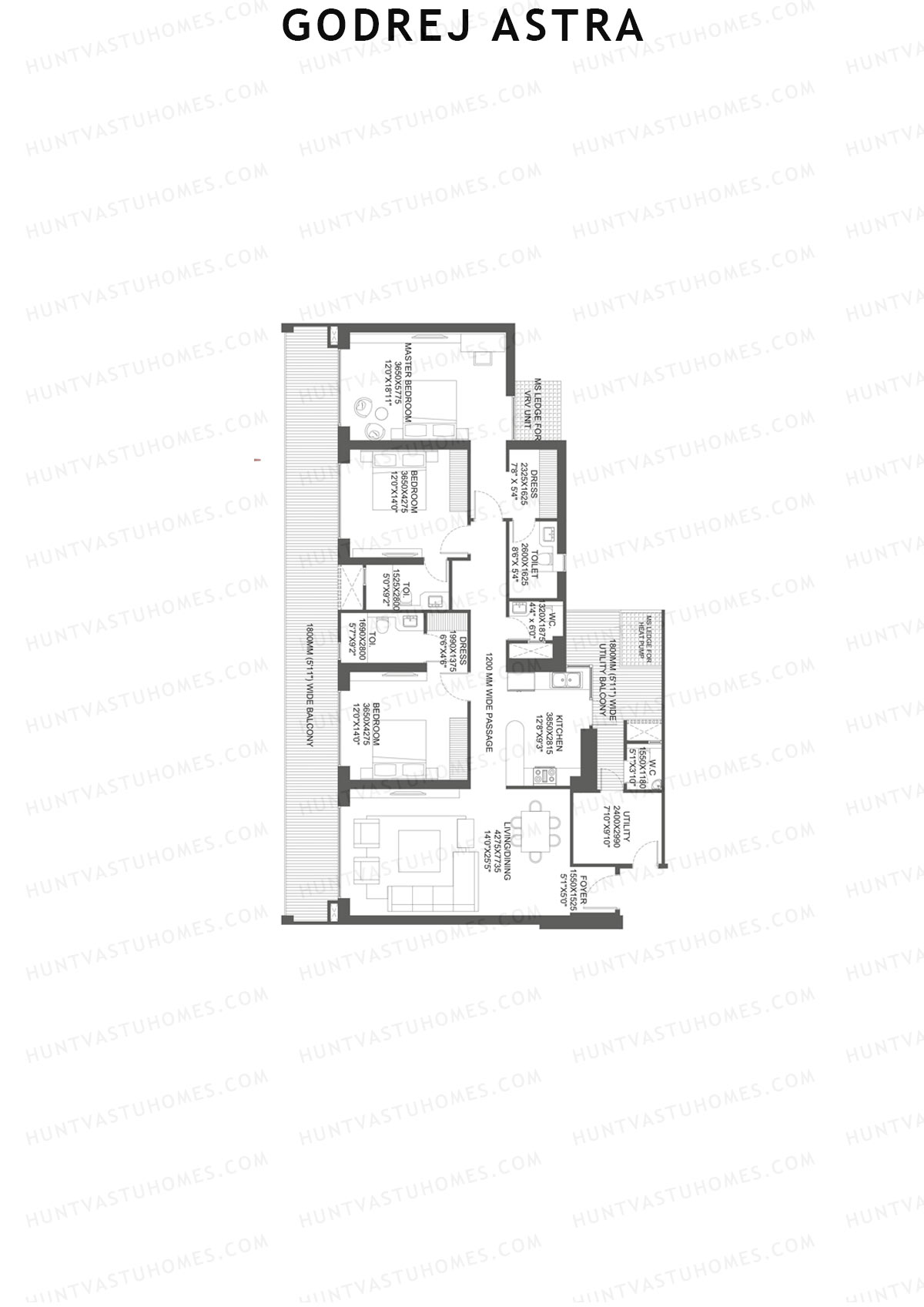 Godrej Astra, Tower 1, Unit 3 (Type 2), 3BHK, Carpet Area 1617   sq ft 