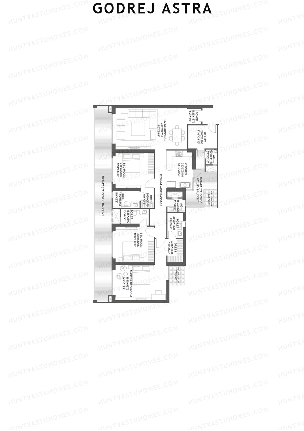 Godrej Astra, Tower 2, Unit 2 (Type 5), 3BHK, Carpet Area 1630   sq ft 