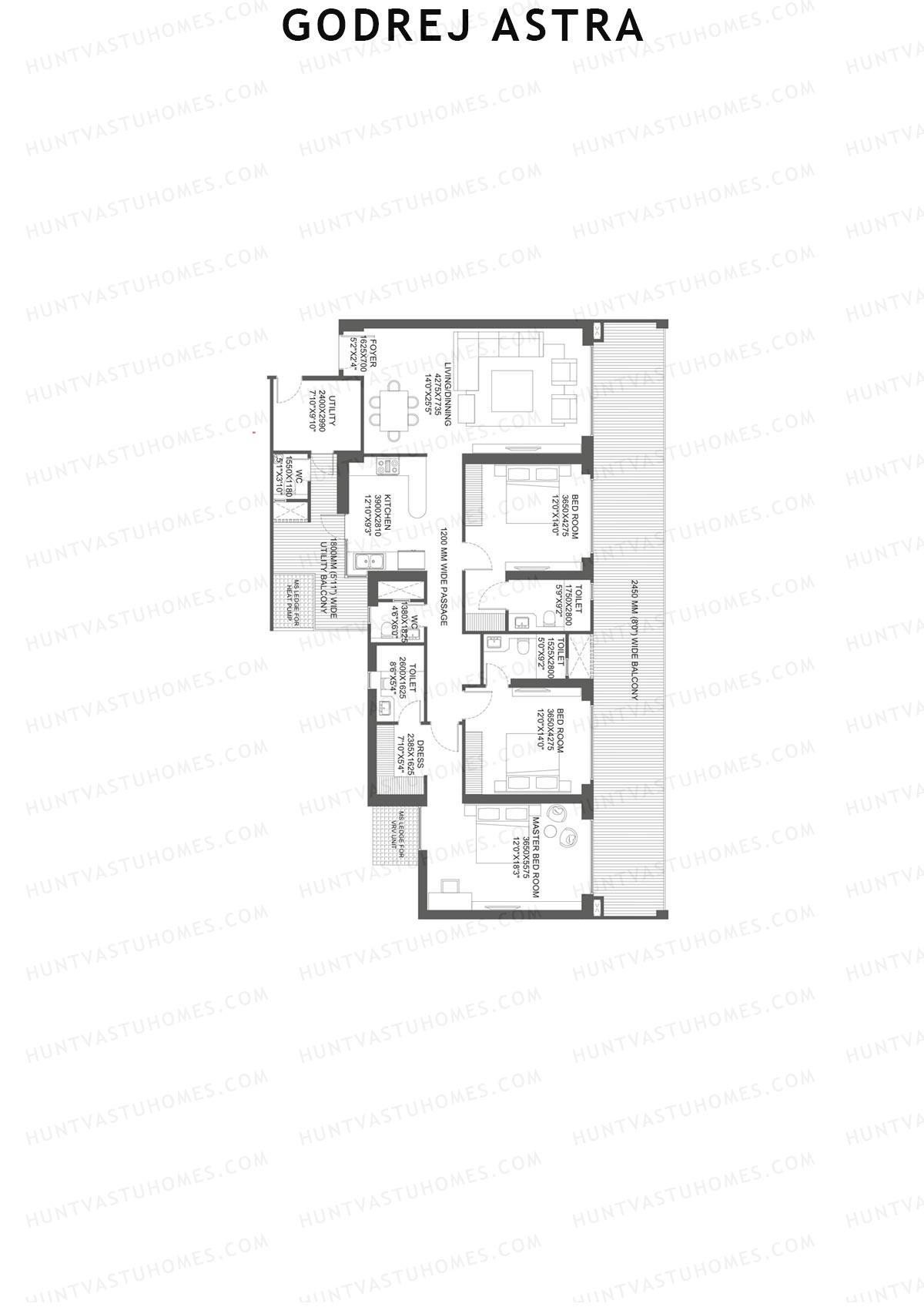 Godrej Astra, Tower 2, Unit 3 (Type 6), 3BHK, Carpet Area 1618   sq ft 