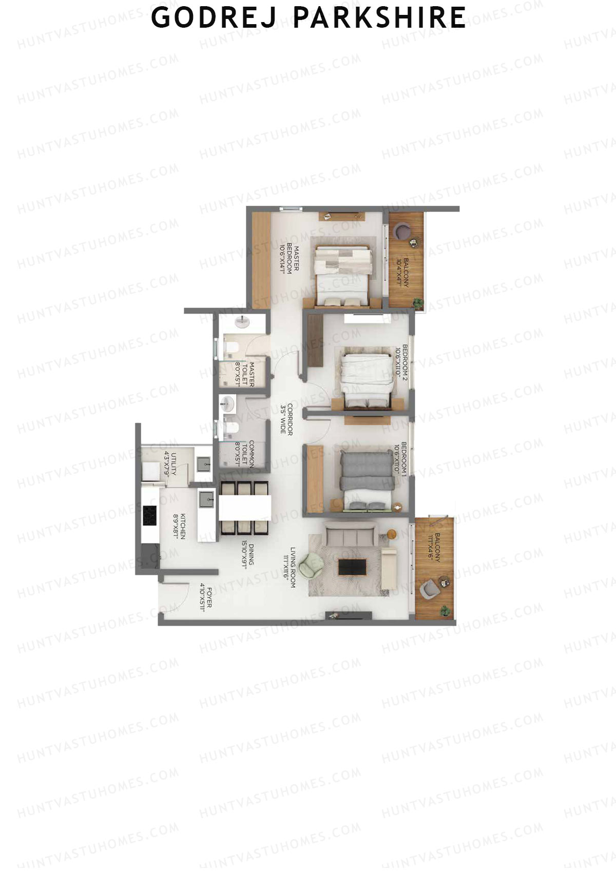 Godrej Parkshire, Tower A, Unit 4, 3BHK, Super Area 1615   sq ft 