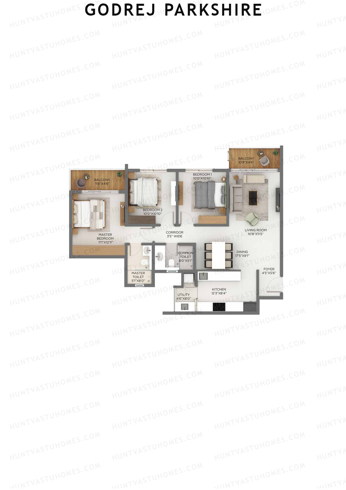 Godrej Parkshire, Tower B, Unit 1, 3BHK, Super Area 1634   sq ft 