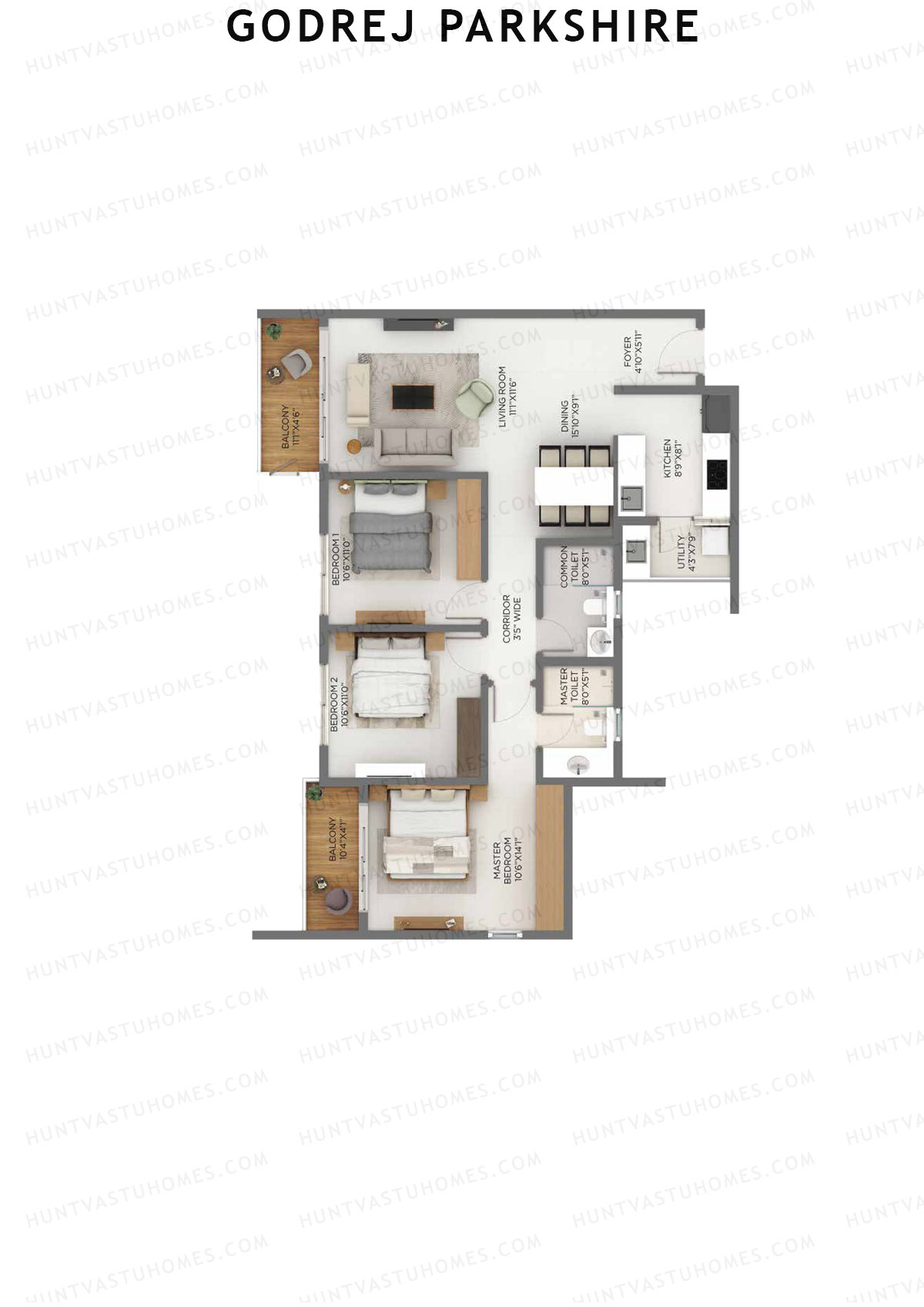 Godrej Parkshire, Tower C, Unit 1, 3BHK, Super Area 1615   sq ft 