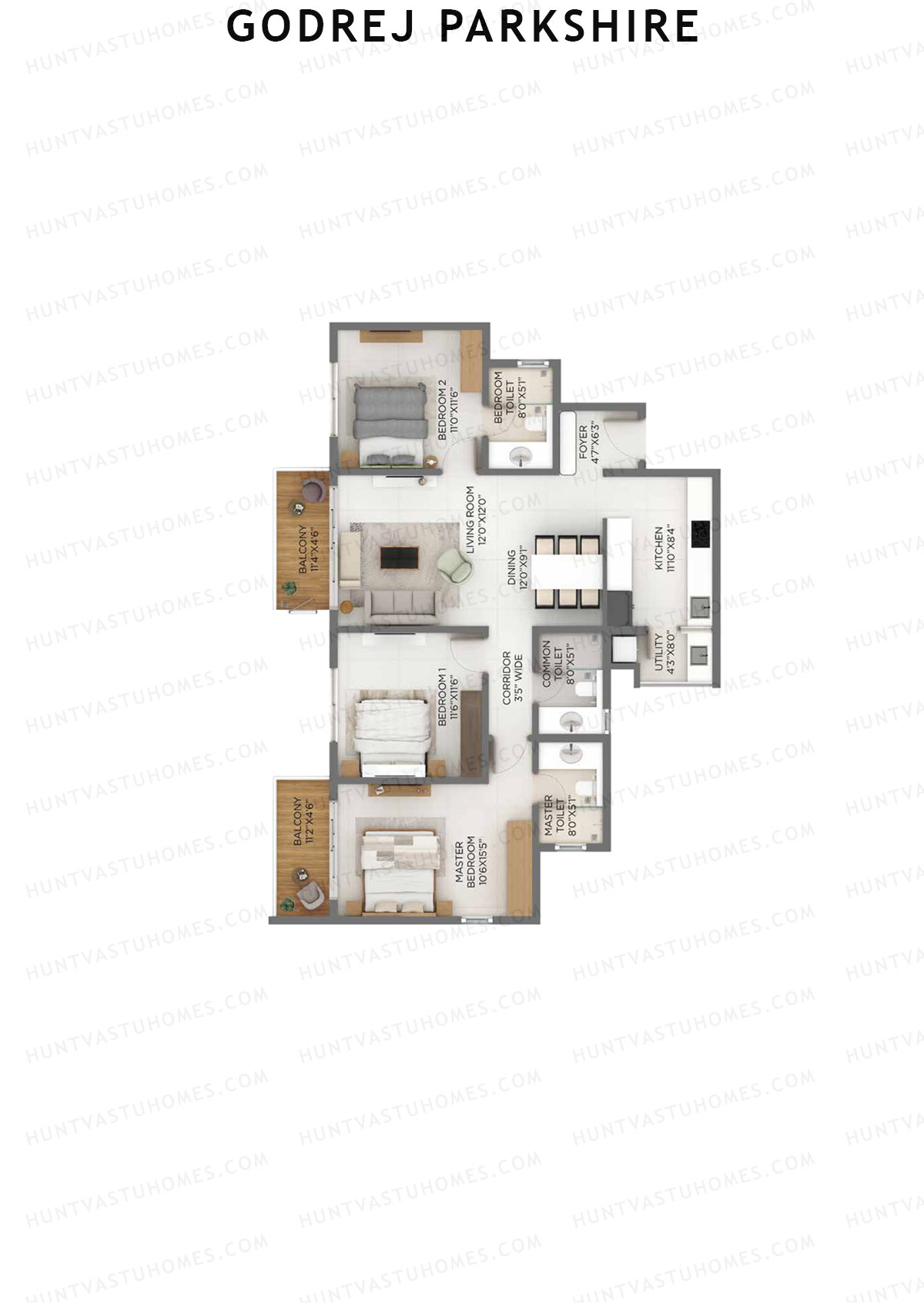 Godrej Parkshire, Tower E, Unit 6, 3BHK, Super Area 1750   sq ft 