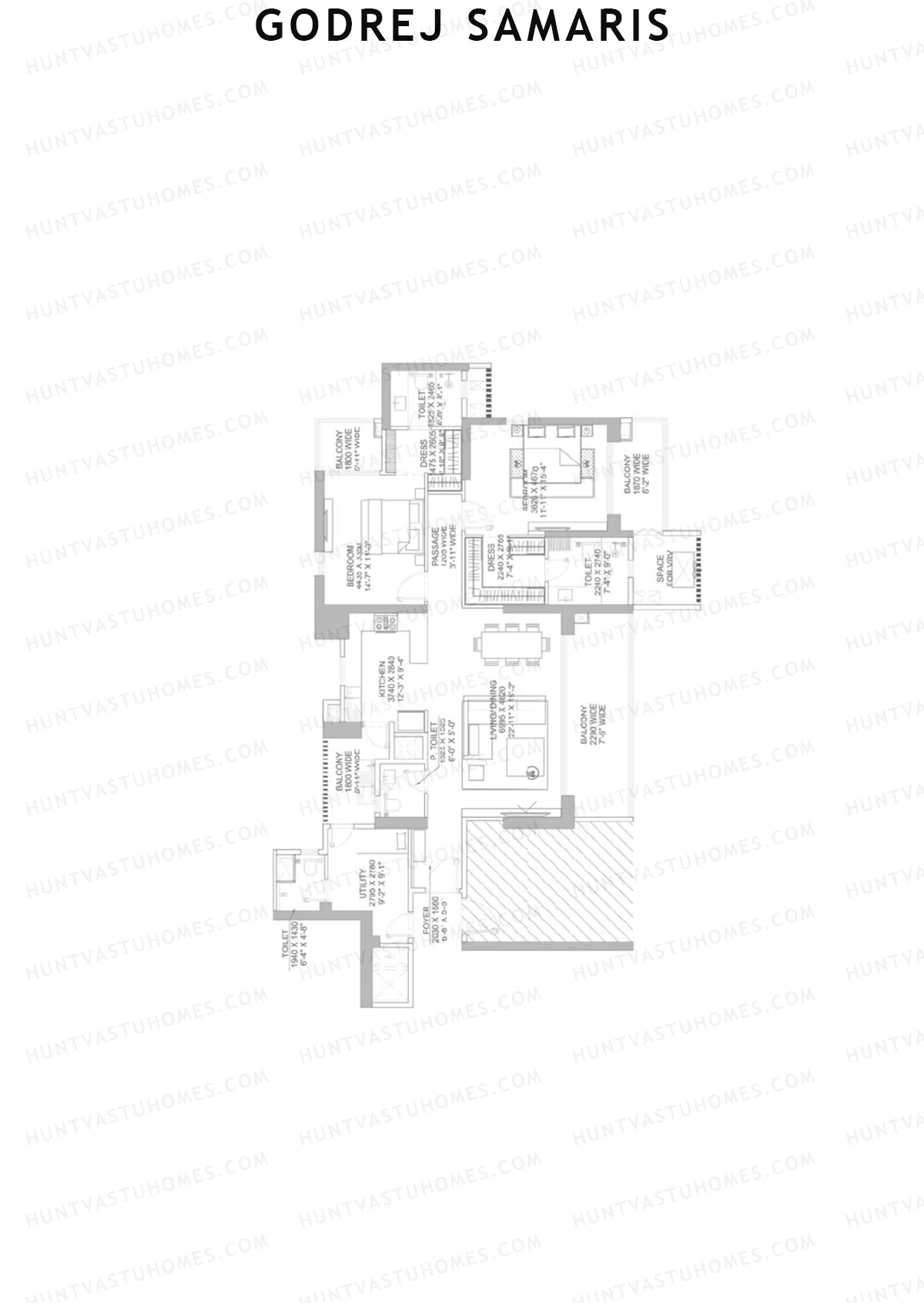 Godrej Samaris, Tower Fate, Unit 3, 2BHK, Carpet Area 1370   sq ft 
