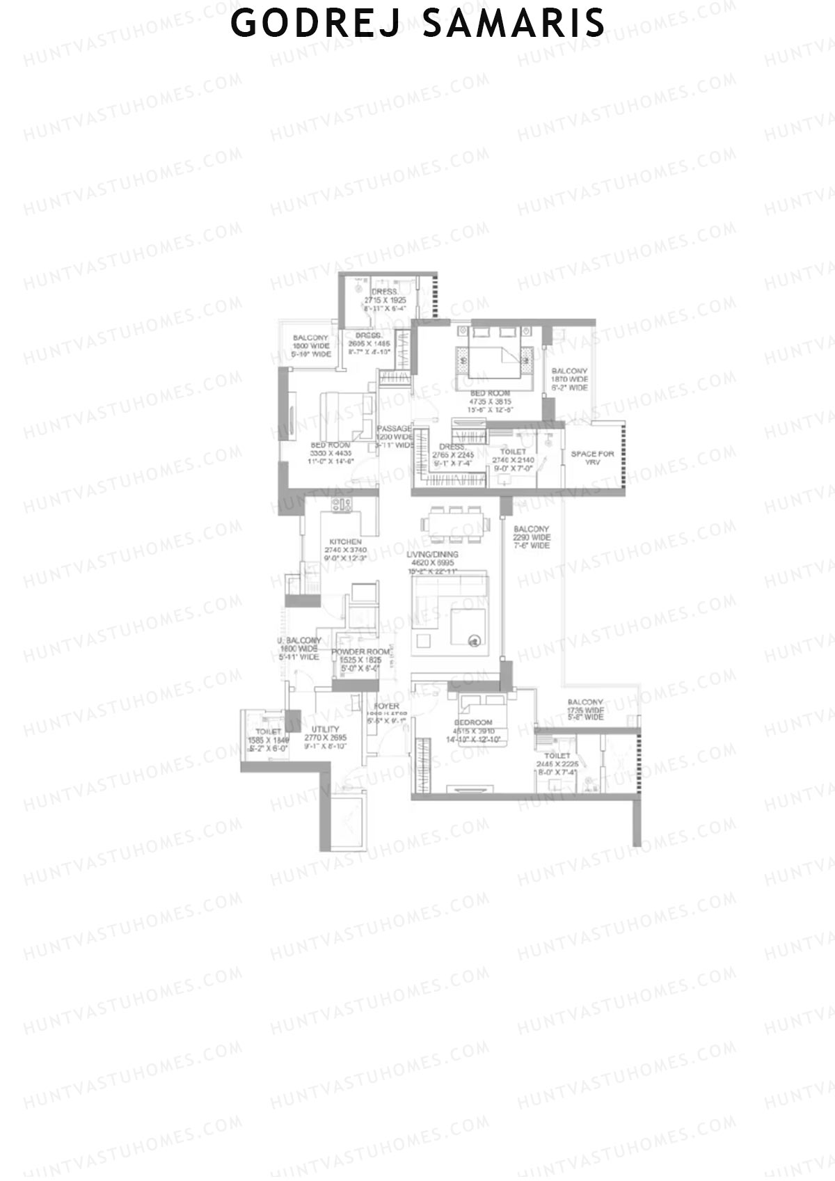 Godrej Samaris, Tower Fate, Unit 3, 3BHK, Carpet Area 1650   sq ft 