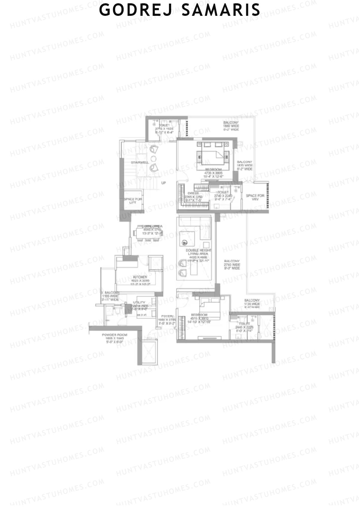 Godrej Samaris, Tower Fate, Unit 3 (Type PH), 4BHK, Carpet Area 3127   sq ft 