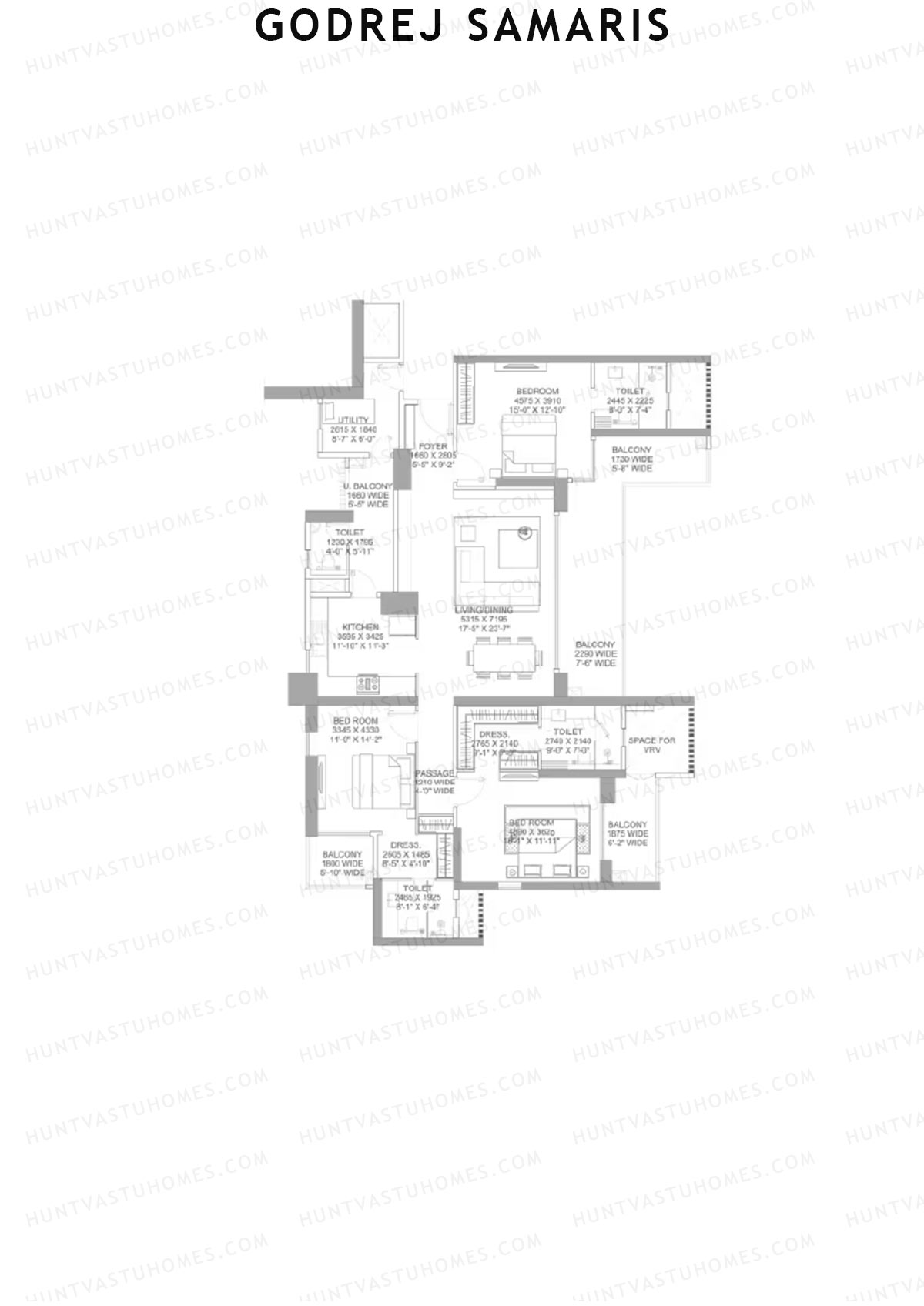 Godrej Samaris, Tower Fate, Unit 4, 3BHK, Carpet Area 1598   sq ft 