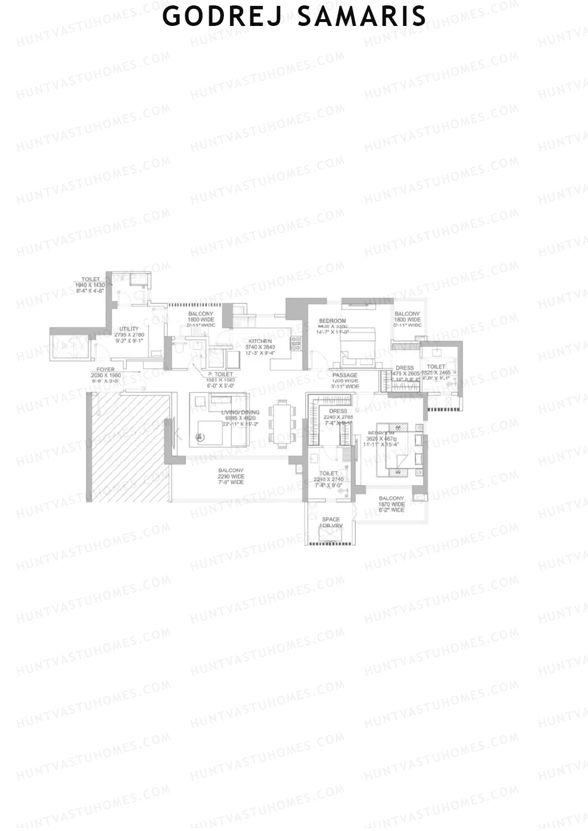 Godrej Samaris, Tower Fortune, Unit 3, 2BHK, Carpet Area 1368   sq ft 