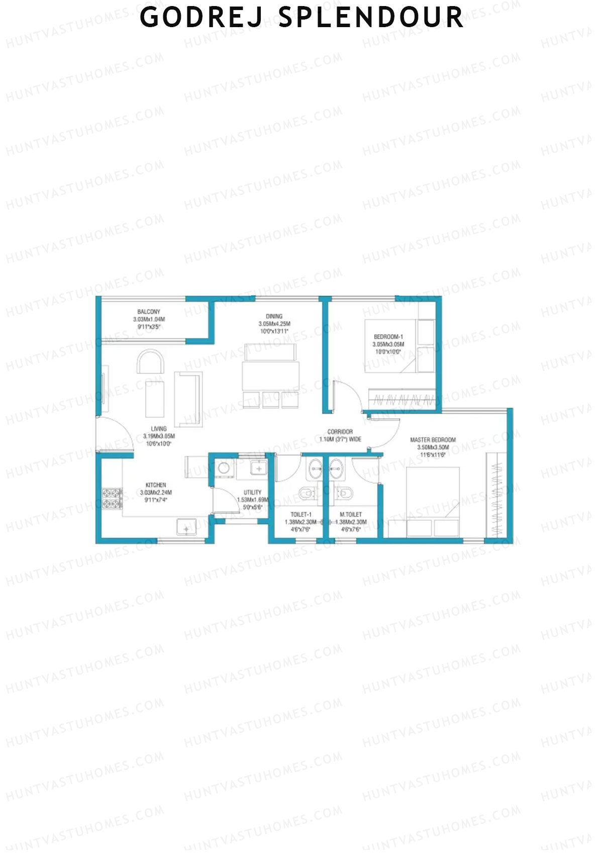 Godrej Splendour, Tower B, Unit 1 (Type 5), 2BHK, Super Area 1090   sq ft 