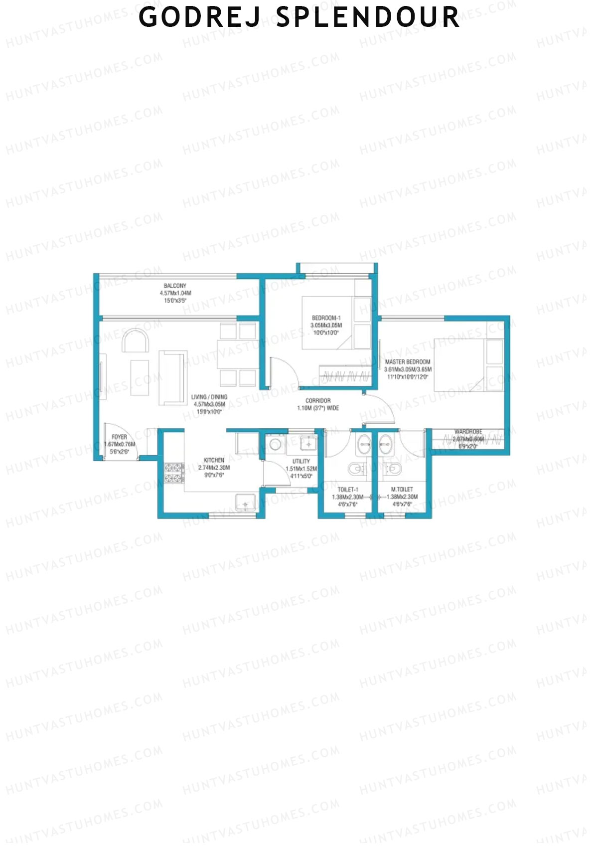 Godrej Splendour, Tower C, Unit 1 (Type 3), 2BHK, Super Area 1015   sq ft 