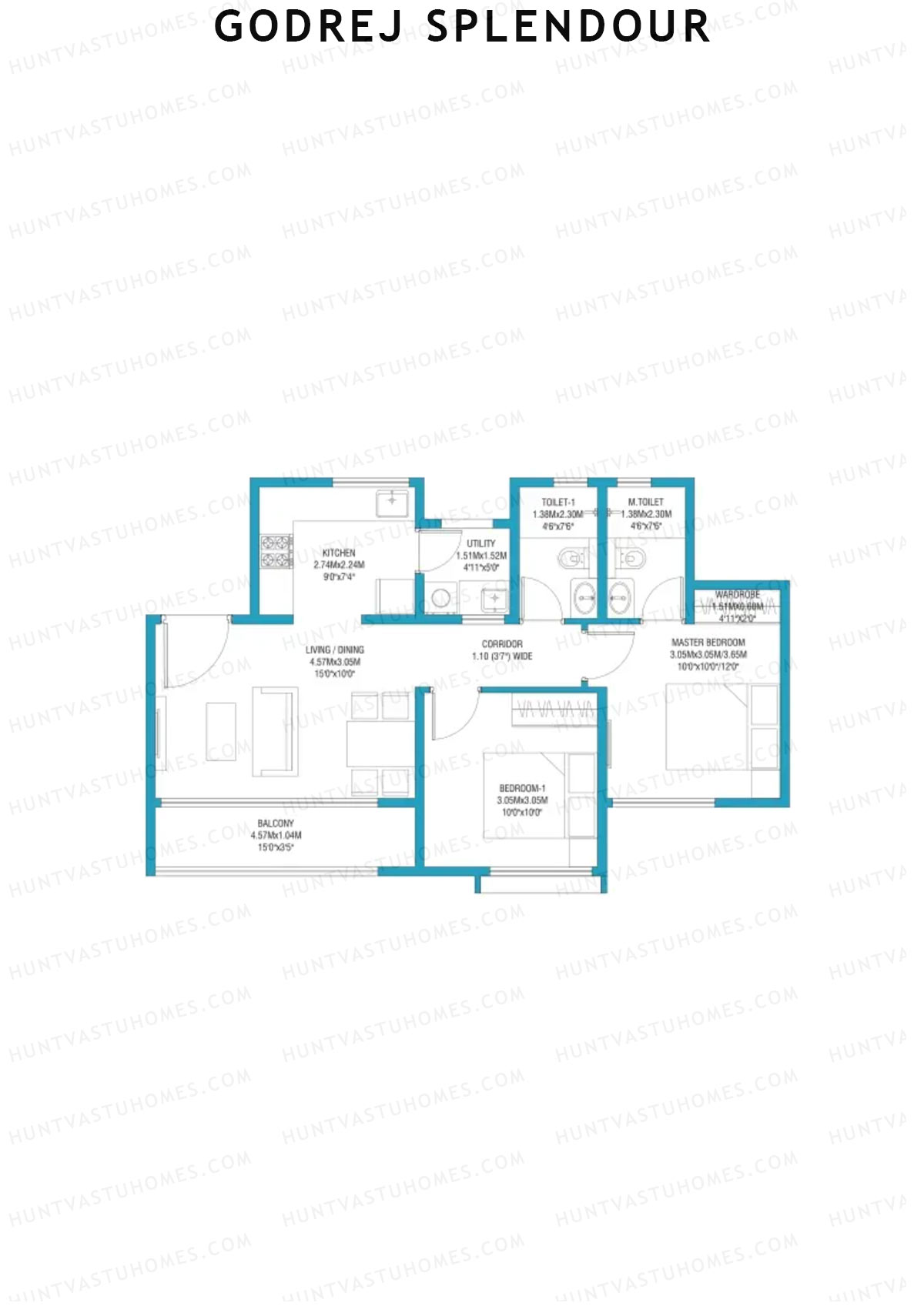 Godrej Splendour, Tower C, Unit 2 (Type 7), 2BHK, Super Area 959   sq ft 