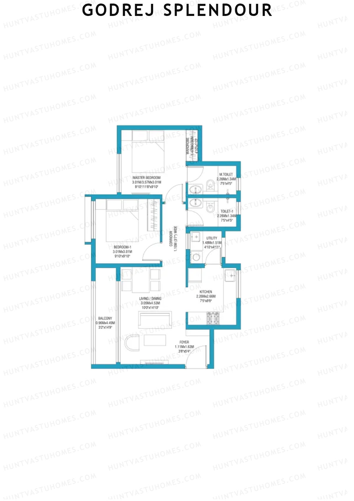 Godrej Splendour, Tower D, Unit 5 (Type 2A), 2BHK, Super Area 967   sq ft 