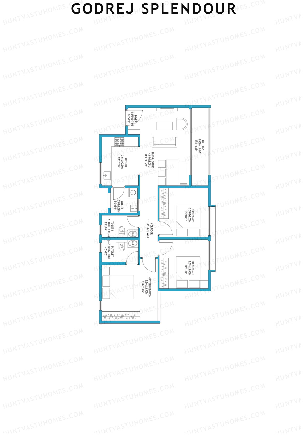 Godrej Splendour, Tower E, Unit 1, 3BHK, Super Area 1234   sq ft 