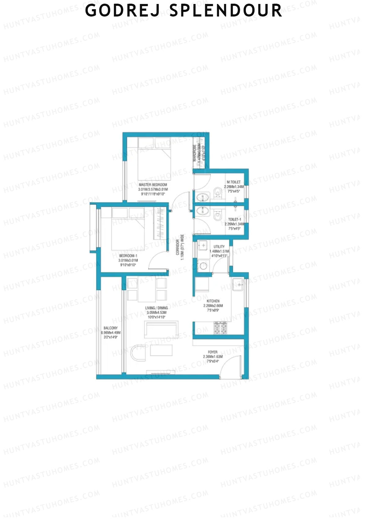 Godrej Splendour, Tower E, Unit 3 (Type 4A), 2BHK, Super Area 1000   sq ft 
