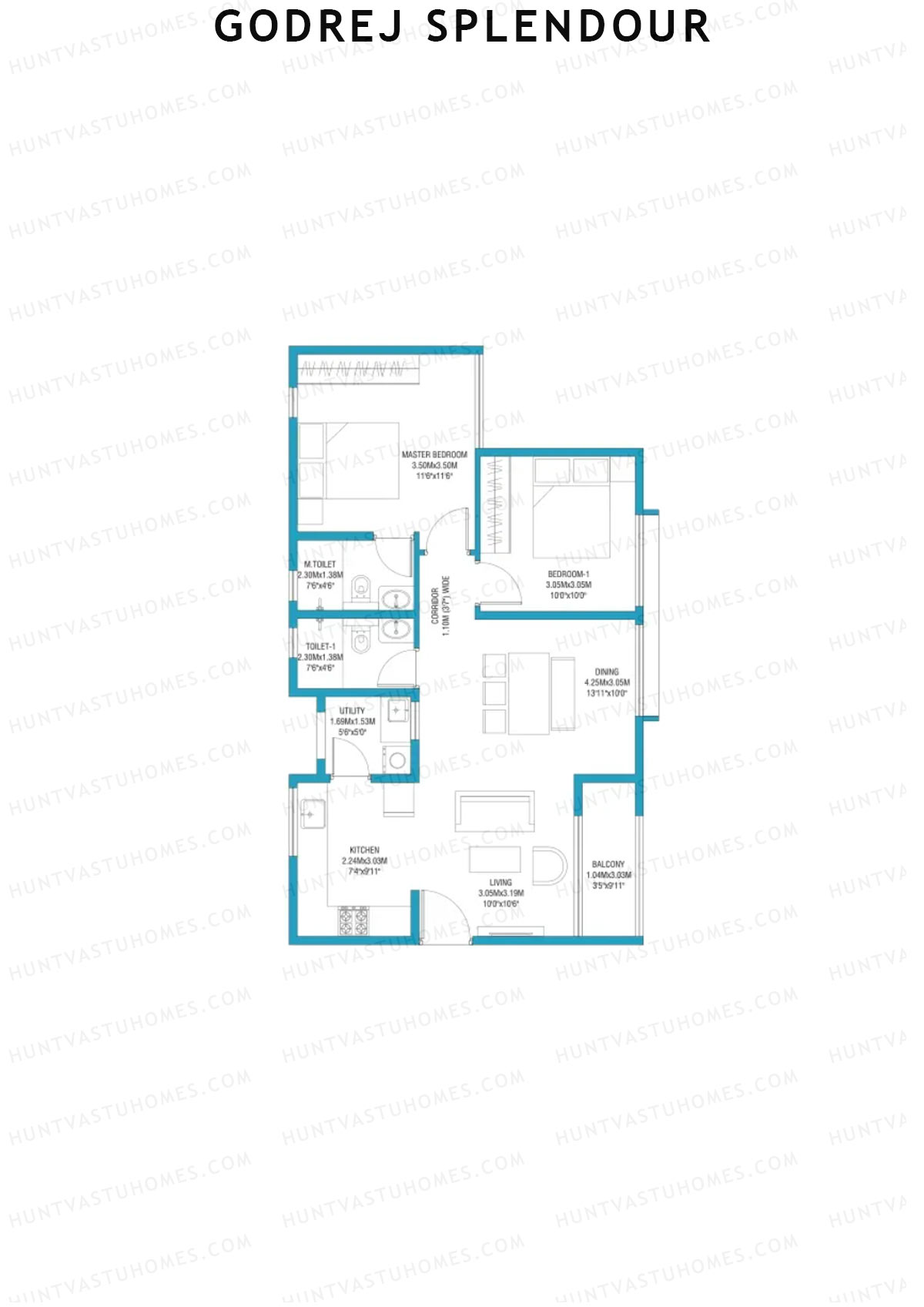 Godrej Splendour, Tower E, Unit 4 (Type 5), 2BHK, Super Area 1090   sq ft 