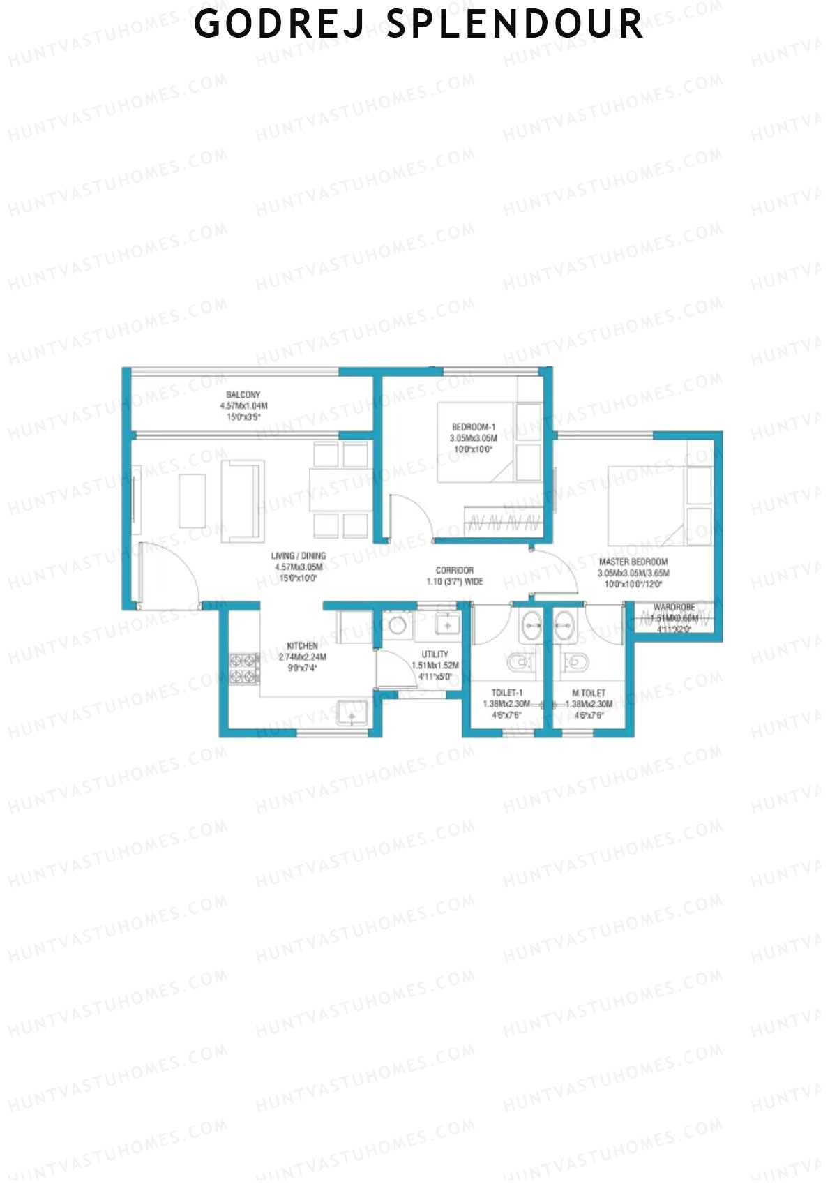Godrej Splendour, Tower G, Unit 1 (Type 7), 2BHK, Super Area 959   sq ft 