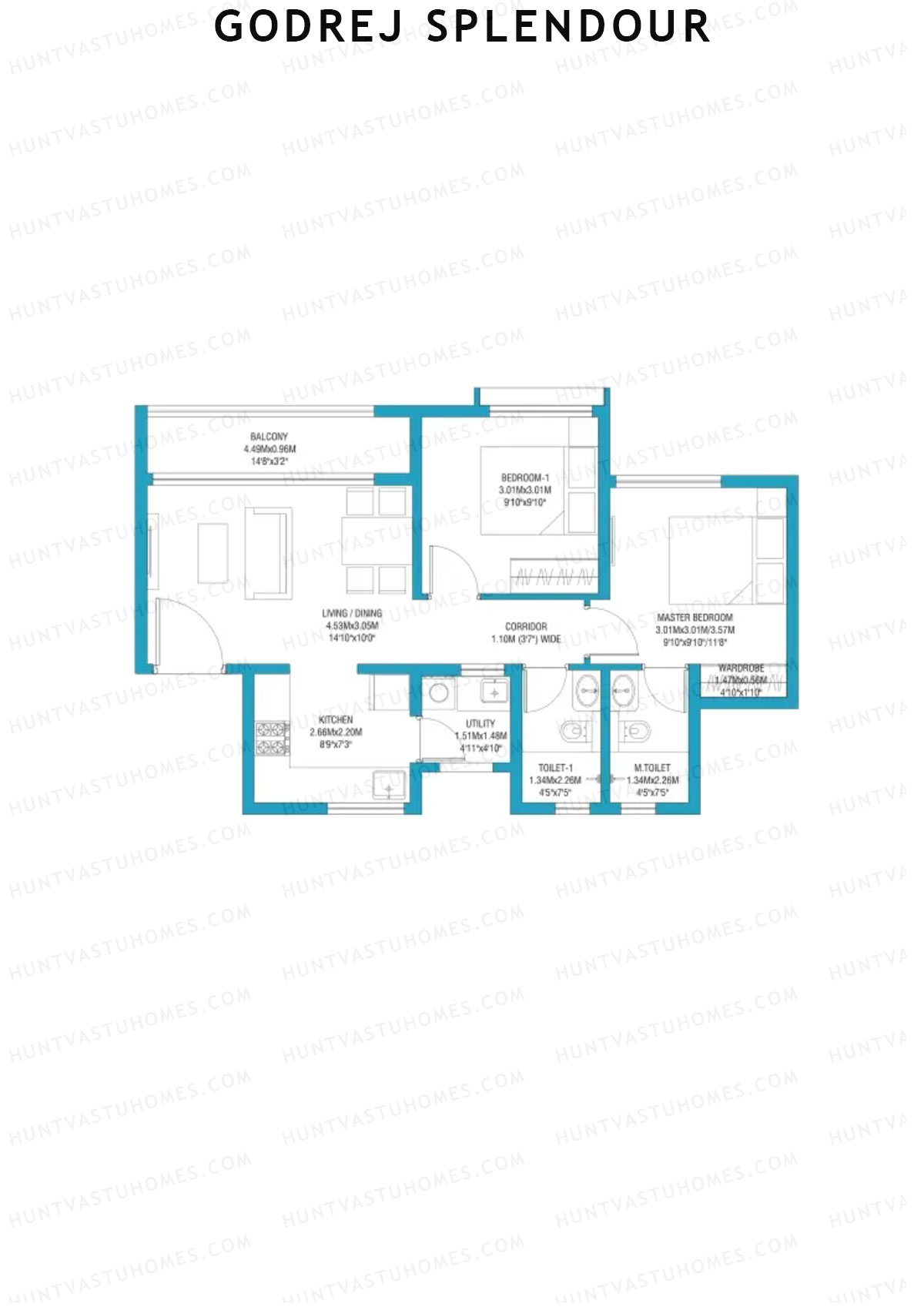 Godrej Splendour, Tower G, Unit 1 (Type 7A), 2BHK, Super Area 936   sq ft 