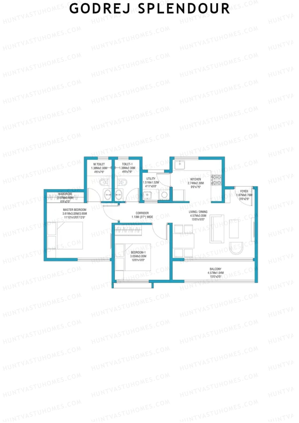 Godrej Splendour, Tower G, Unit 3 (Type 3), 2BHK, Super Area 1015   sq ft 