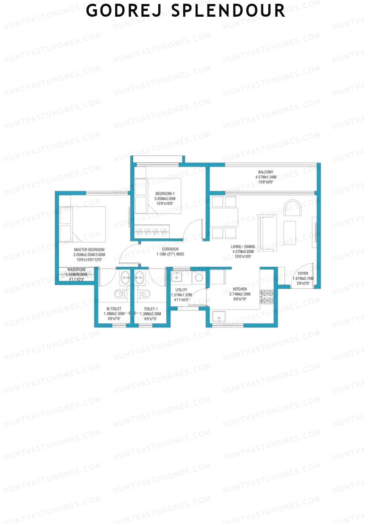 Godrej Splendour, Tower G, Unit 4 (Type 1), 2BHK, Super Area 981   sq ft 