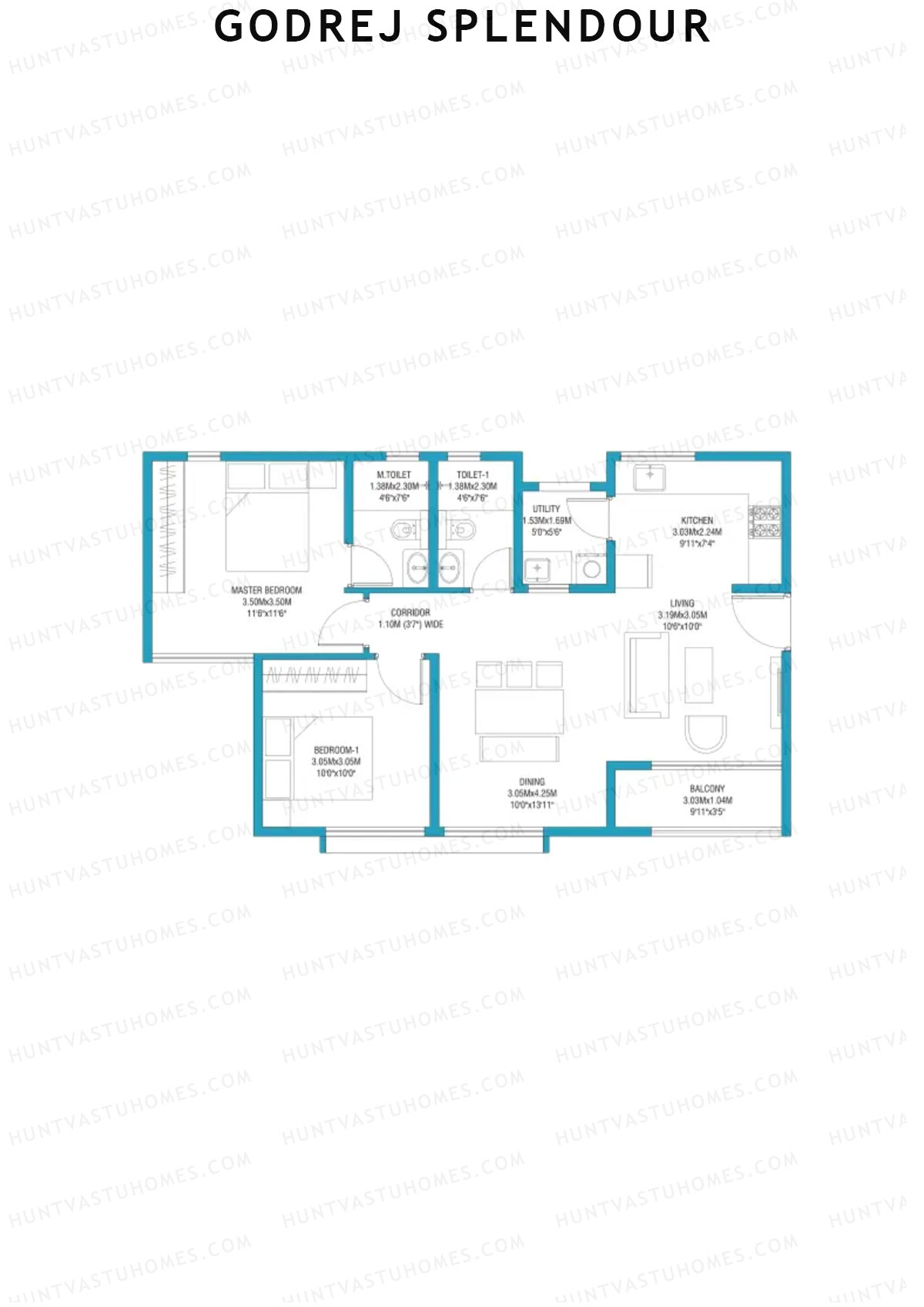 Godrej Splendour, Tower J, Unit 3 (Type 5), 2BHK, Super Area 1090   sq ft 