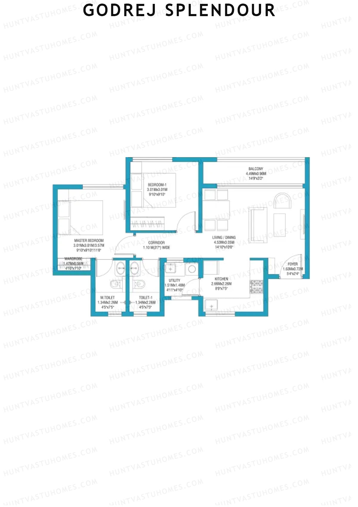 Godrej Splendour, Tower J, Unit 4 (Type 1A), 2BHK, Super Area 957   sq ft 