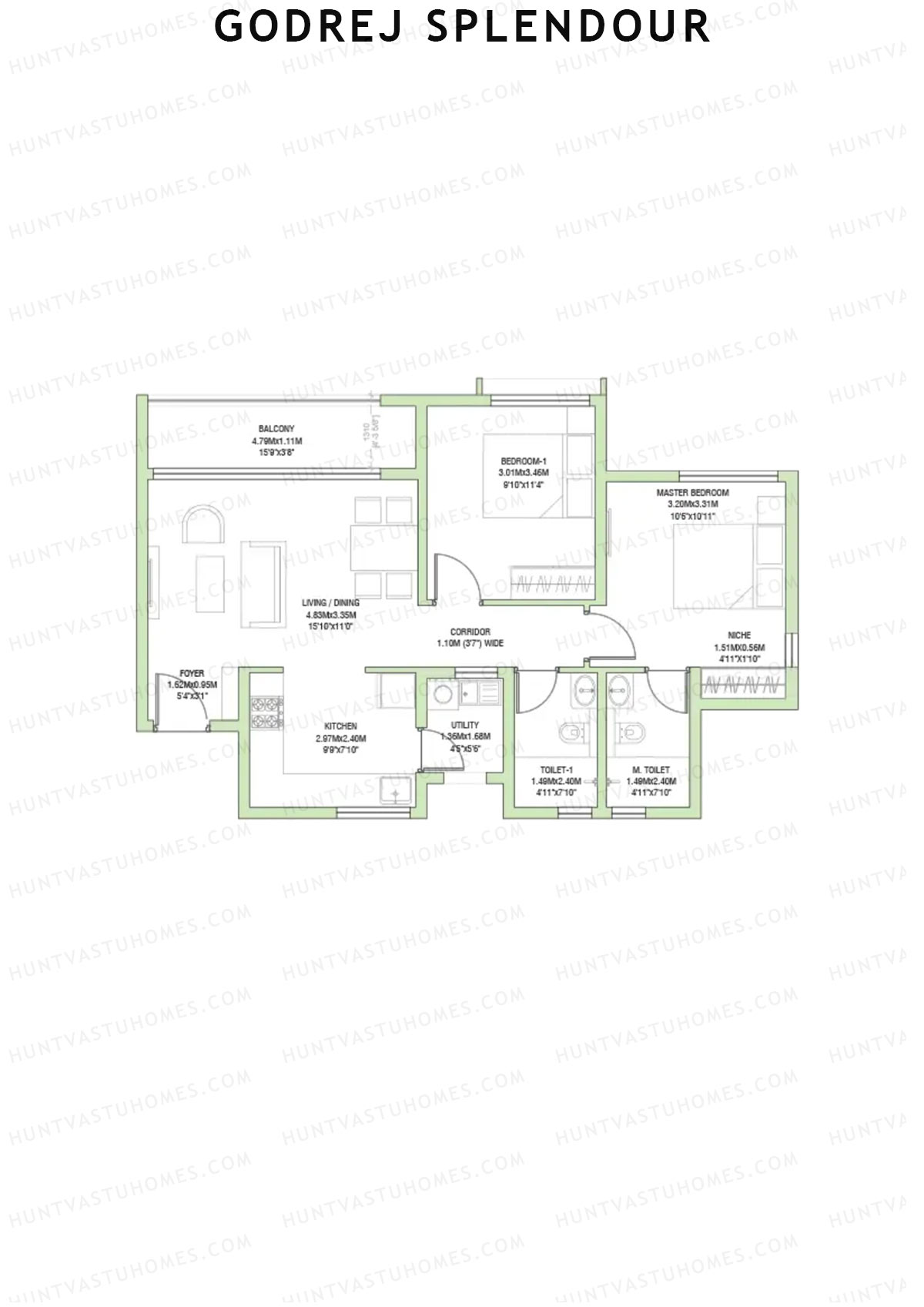 Godrej Splendour, Tower K, Unit 1 (Type 1A), 2BHK, Super Area 1112   sq ft 