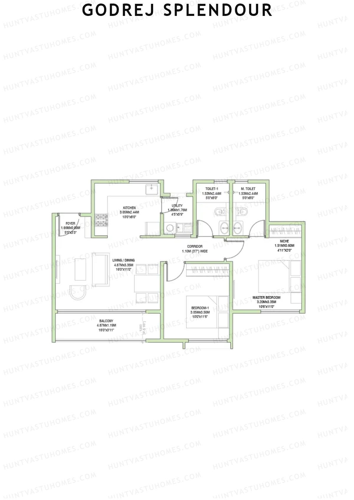 Godrej Splendour, Tower K, Unit 2 (Type 2), 2BHK, Super Area 1137   sq ft 