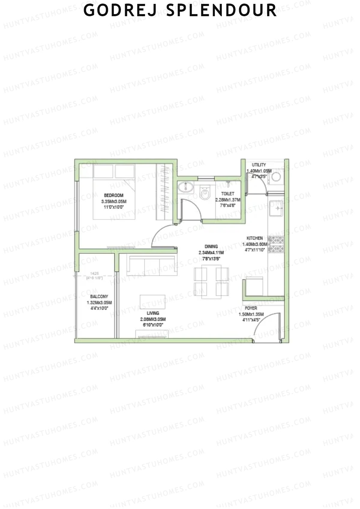 Godrej Splendour, Tower K, Unit 5 (Type 1), 1BHK, Super Area 715   sq ft 