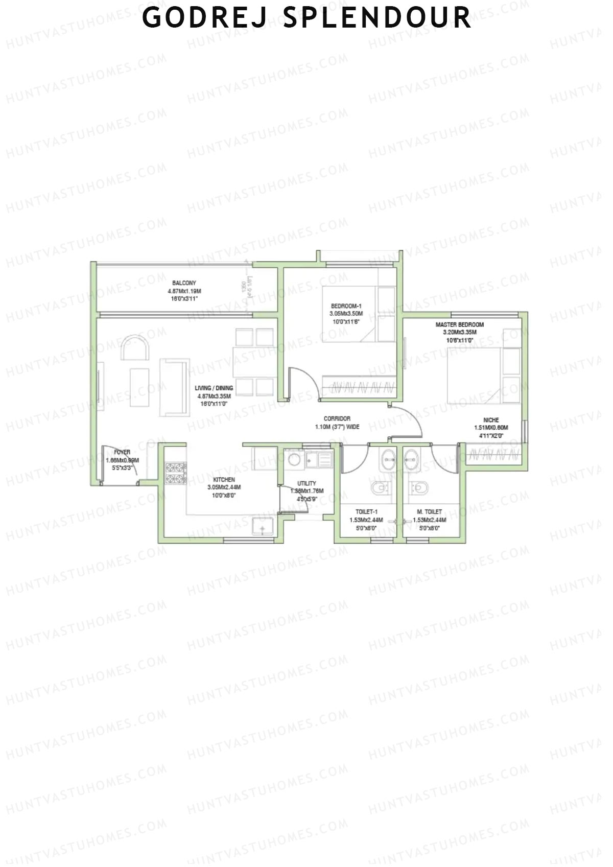 Godrej Splendour, Tower L, Unit 1 (Type 1), 2BHK, Super Area 1137   sq ft 