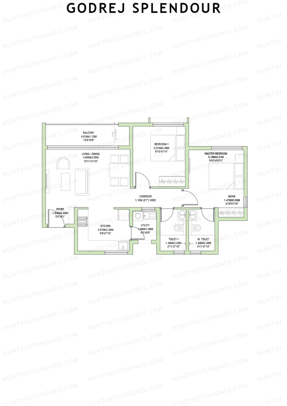 Godrej Splendour, Tower L, Unit 1 (Type 1B), 2BHK, Super Area 1111   sq ft 