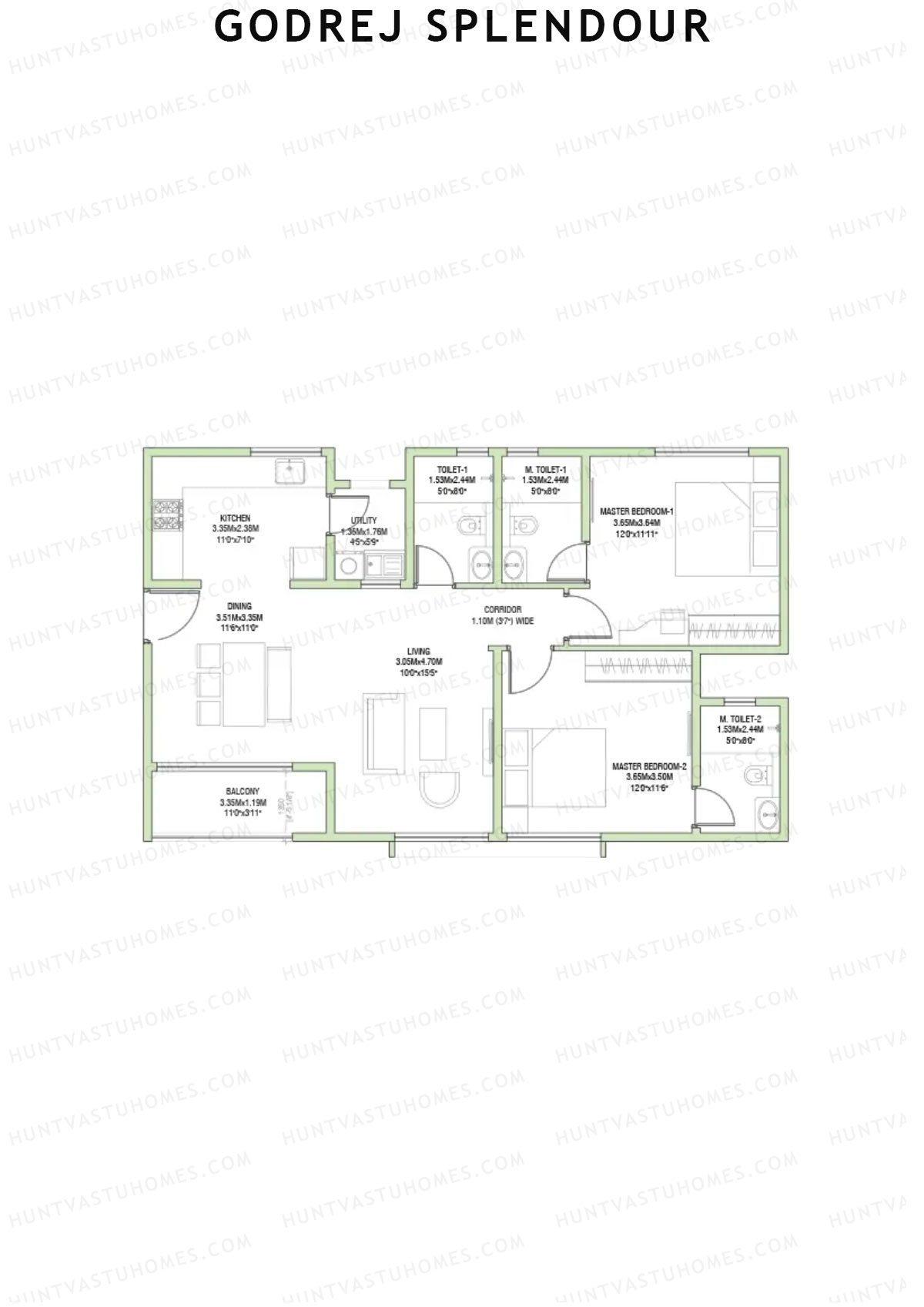 Godrej Splendour, Tower L, Unit 2 (Type 3), 2BHK, Super Area 1343   sq ft 