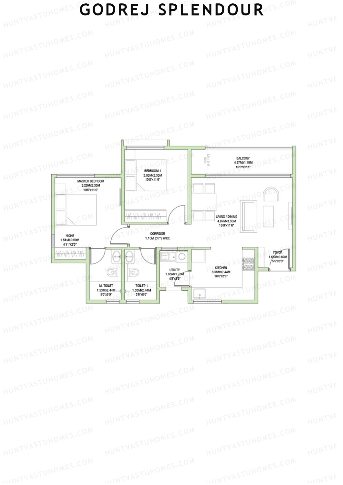 Godrej Splendour, Tower M, Unit 4 (Type 1), 2BHK, Super Area 1137   sq ft 
