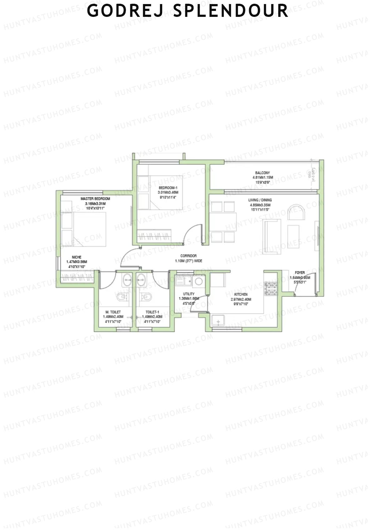 Godrej Splendour, Tower M, Unit 4 (Type 1A), 2BHK, Super Area 1111   sq ft 