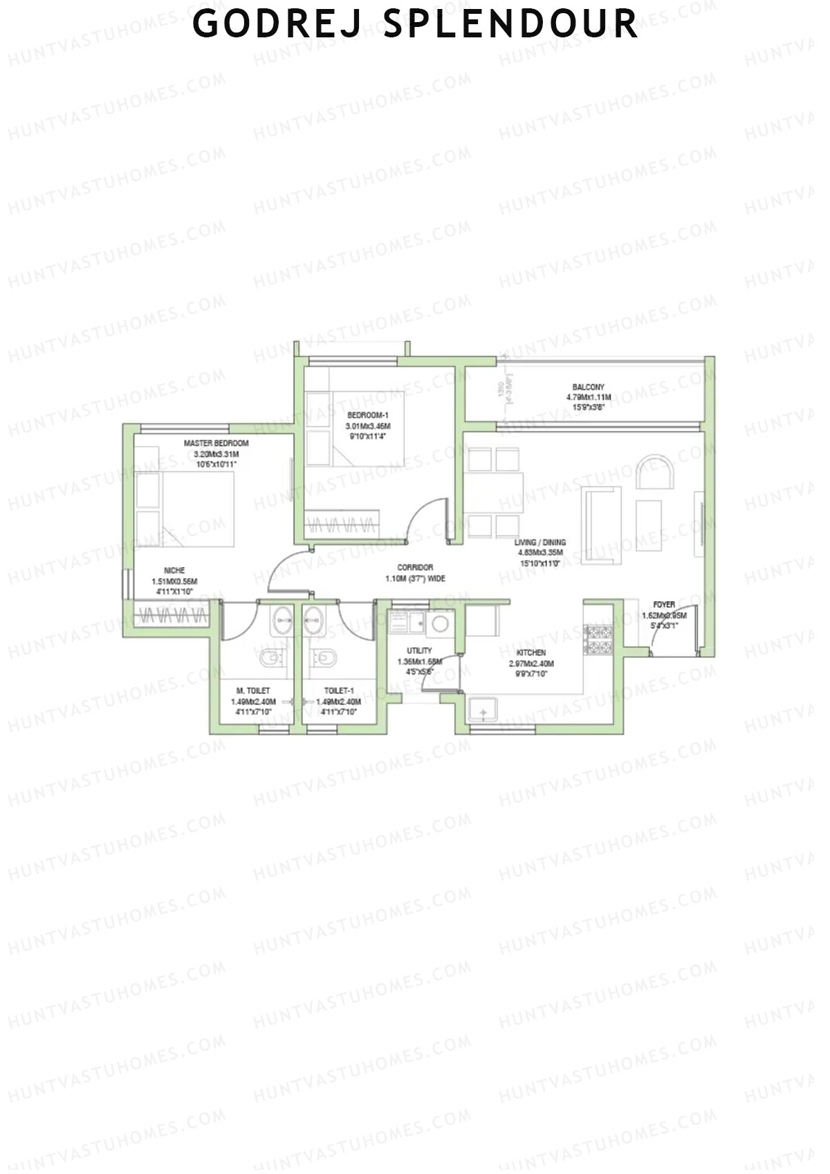 Godrej Splendour, Tower N, Unit 6 (Type 1A), 2BHK, Super Area 1112   sq ft 