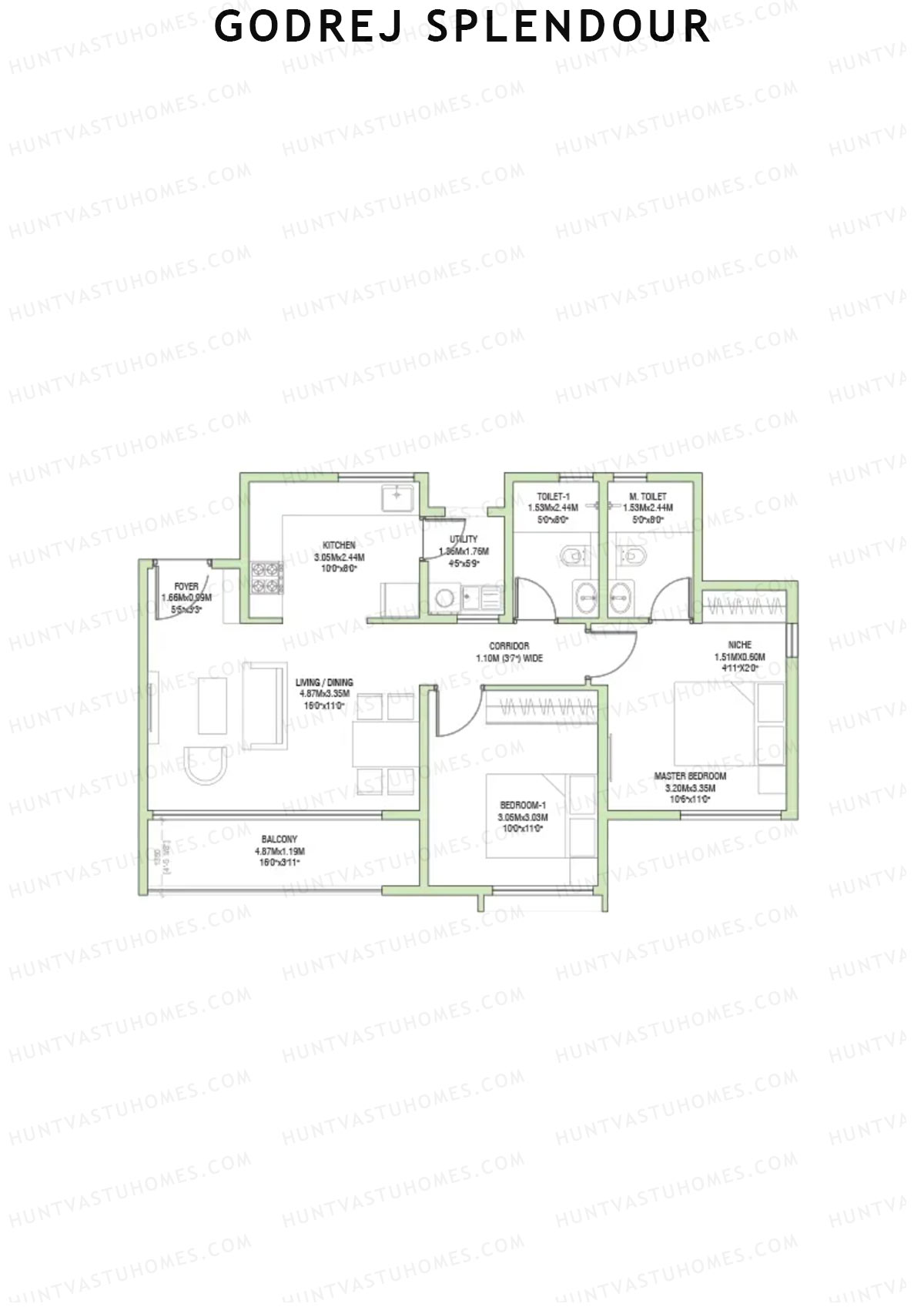 Godrej Splendour, Tower P, Unit 1 (Type 8), 2BHK, Super Area 1136   sq ft 