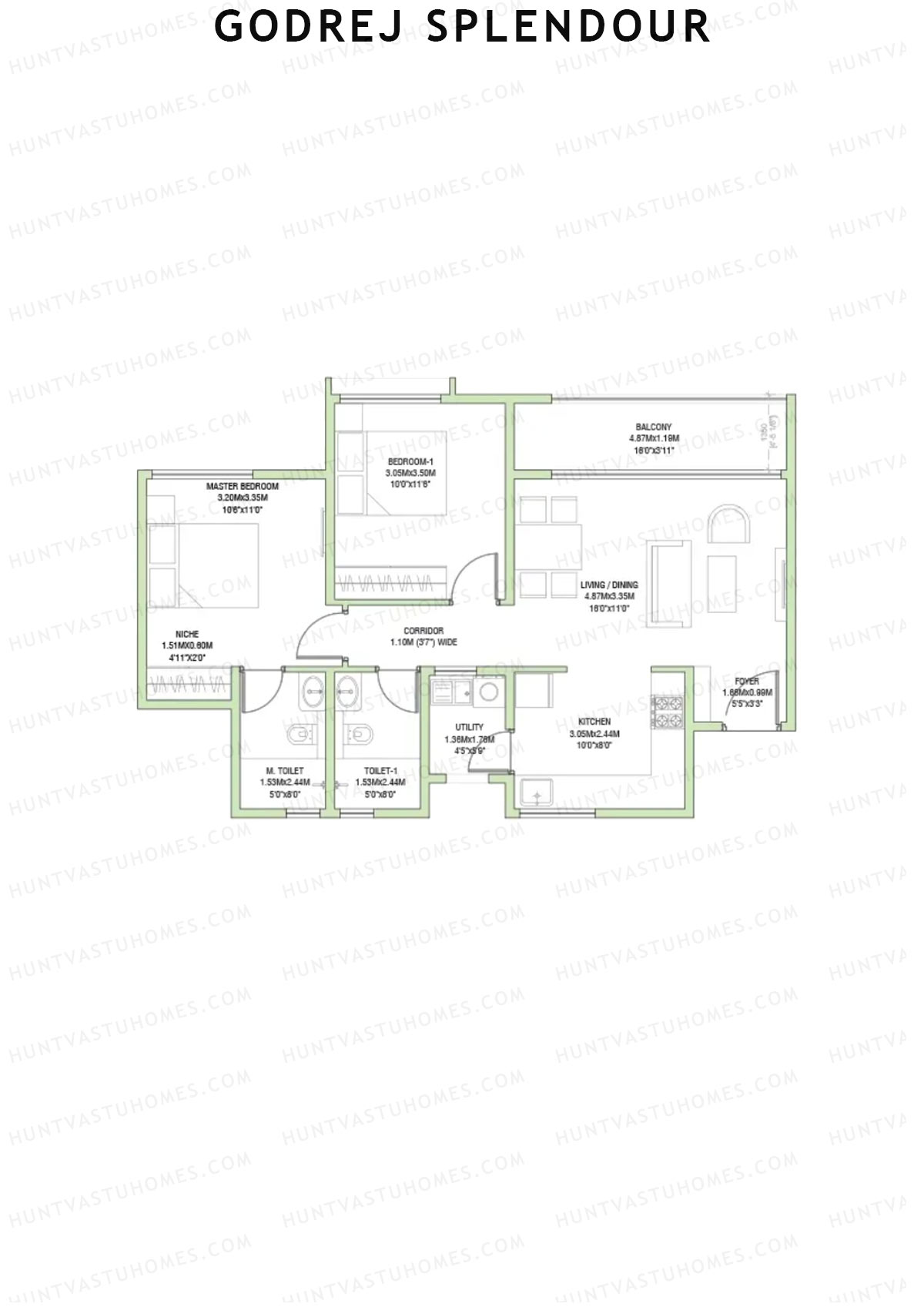 Godrej Splendour, Tower P, Unit 5 (Type 2), 2BHK, Super Area 1137   sq ft 