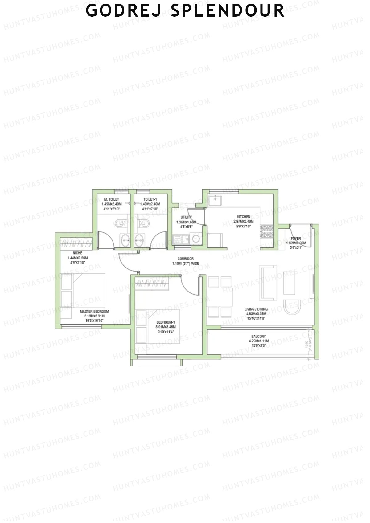 Godrej Splendour, Tower P, Unit 6 (Type 2A), 2BHK, Super Area 1108   sq ft 