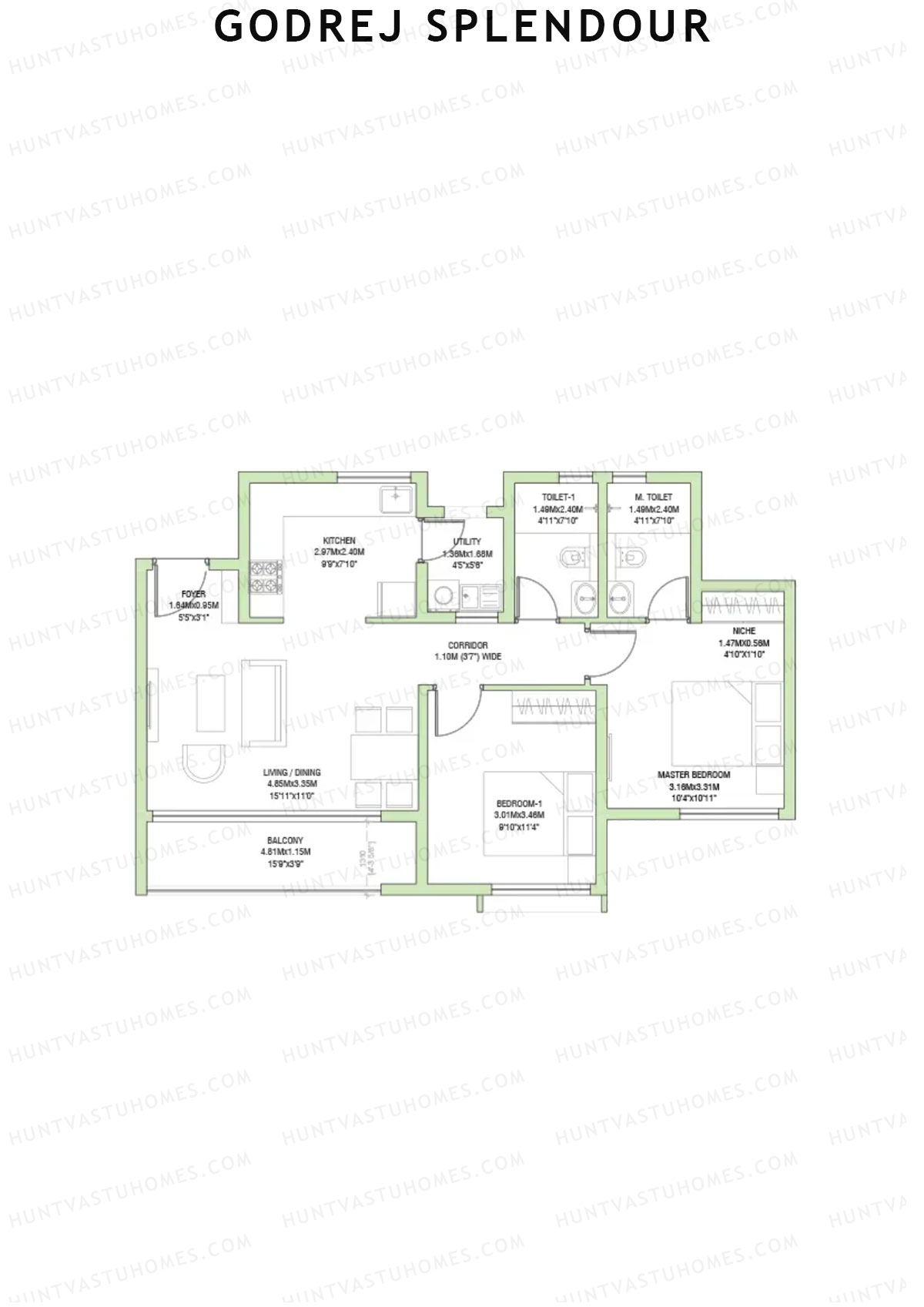 Godrej Splendour, Tower Q, Unit 1 (Type 2B), 2BHK, Super Area 1111   sq ft 