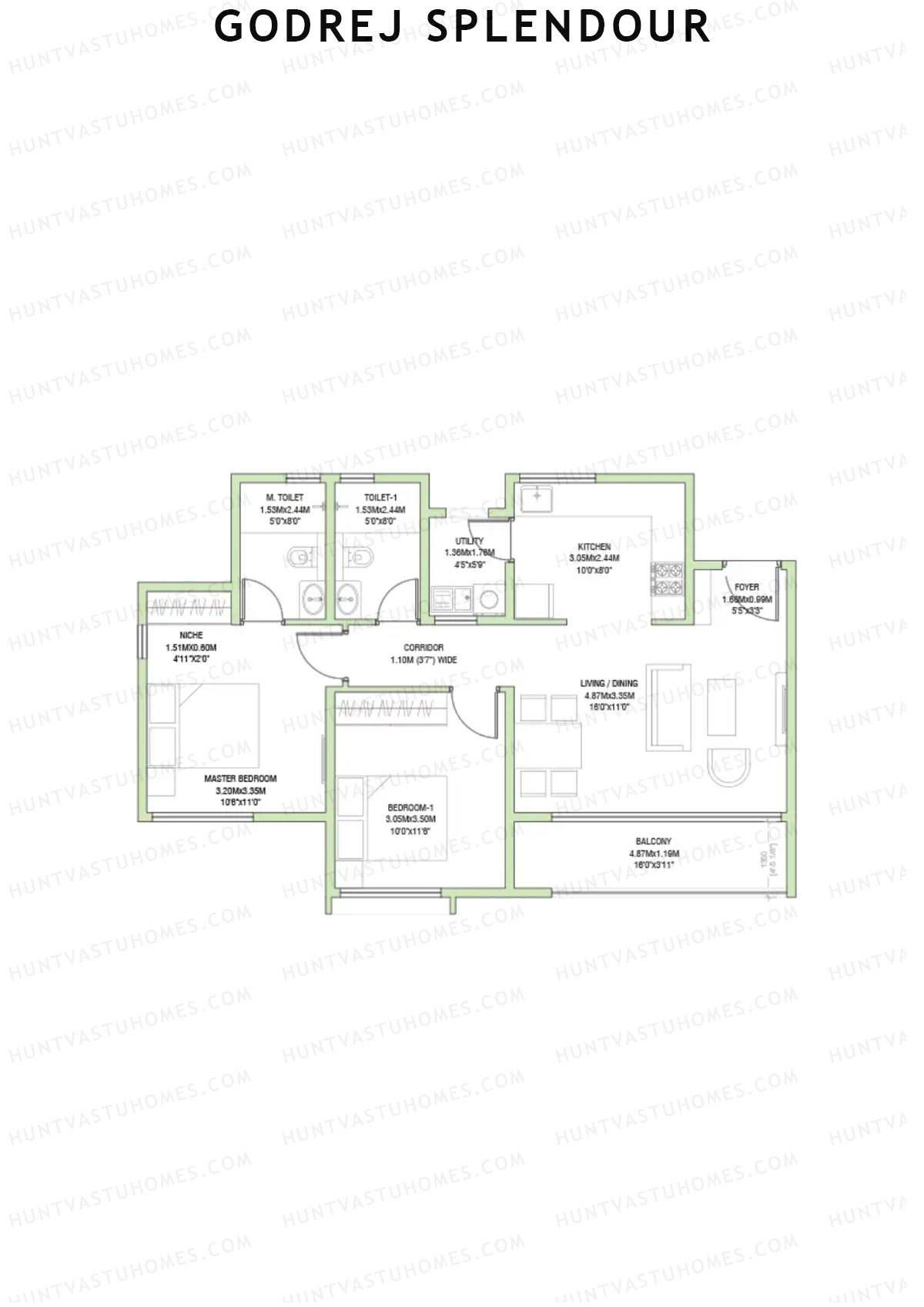 Godrej Splendour, Tower Q, Unit 4 (Type 1B), 2BHK, Super Area 1111   sq ft 
