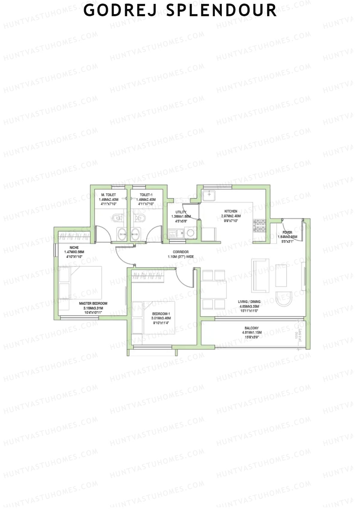 Godrej Splendour, Tower R, Unit 4 (Type 1B), 2BHK, Super Area 1111   sq ft 