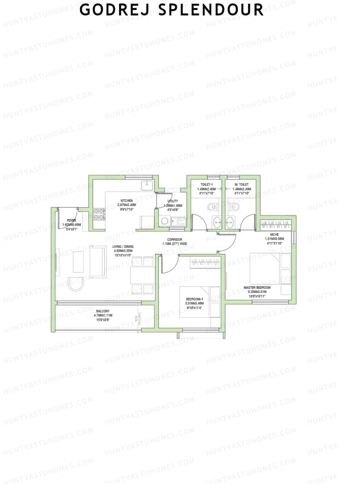 Godrej Splendour, Tower S, Unit 1 (Type 1B), 2BHK, Super Area 1109   sq ft 