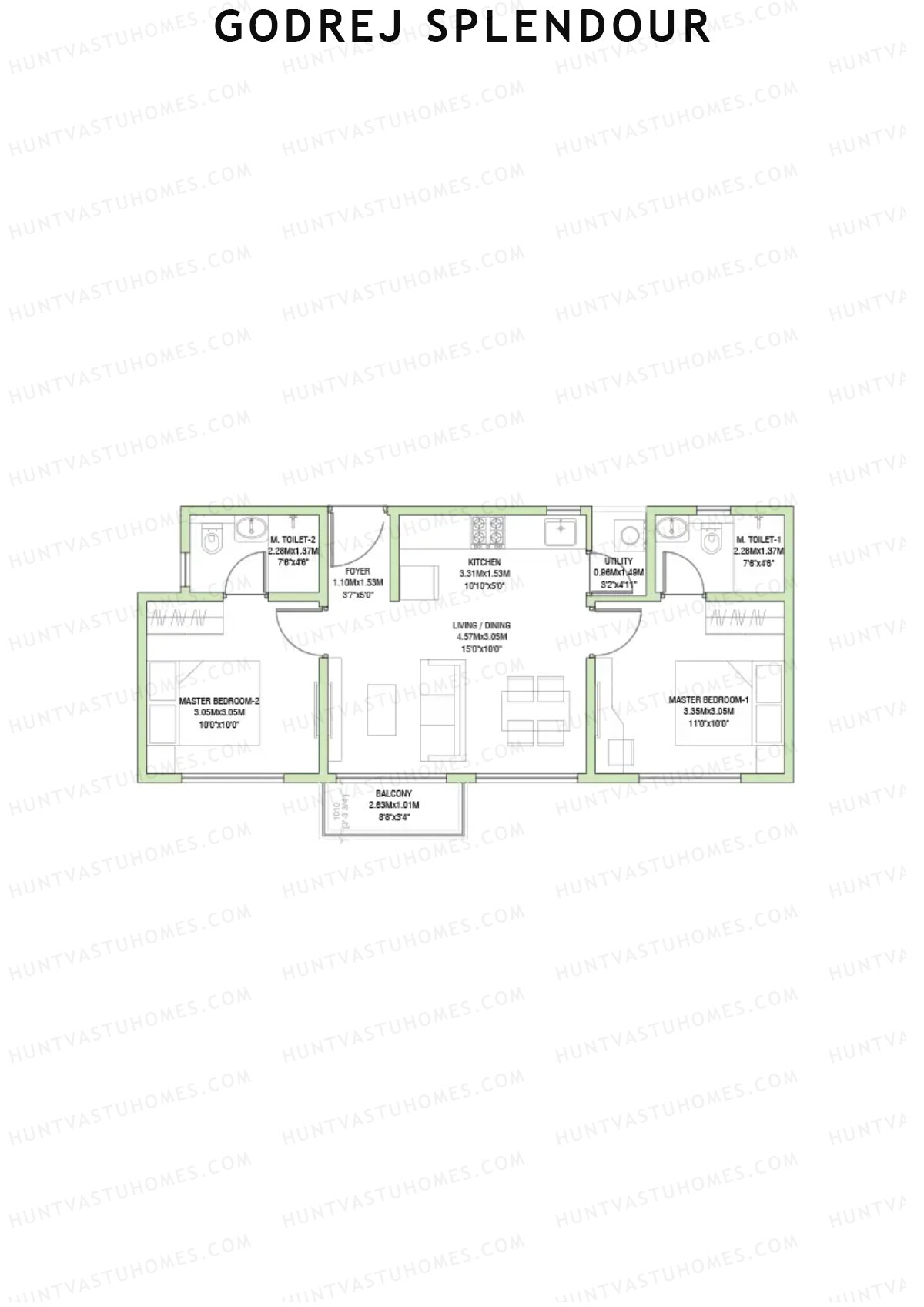 Godrej Splendour, Tower T, Unit 2 (Type 7), 2BHK, Super Area 851   sq ft 