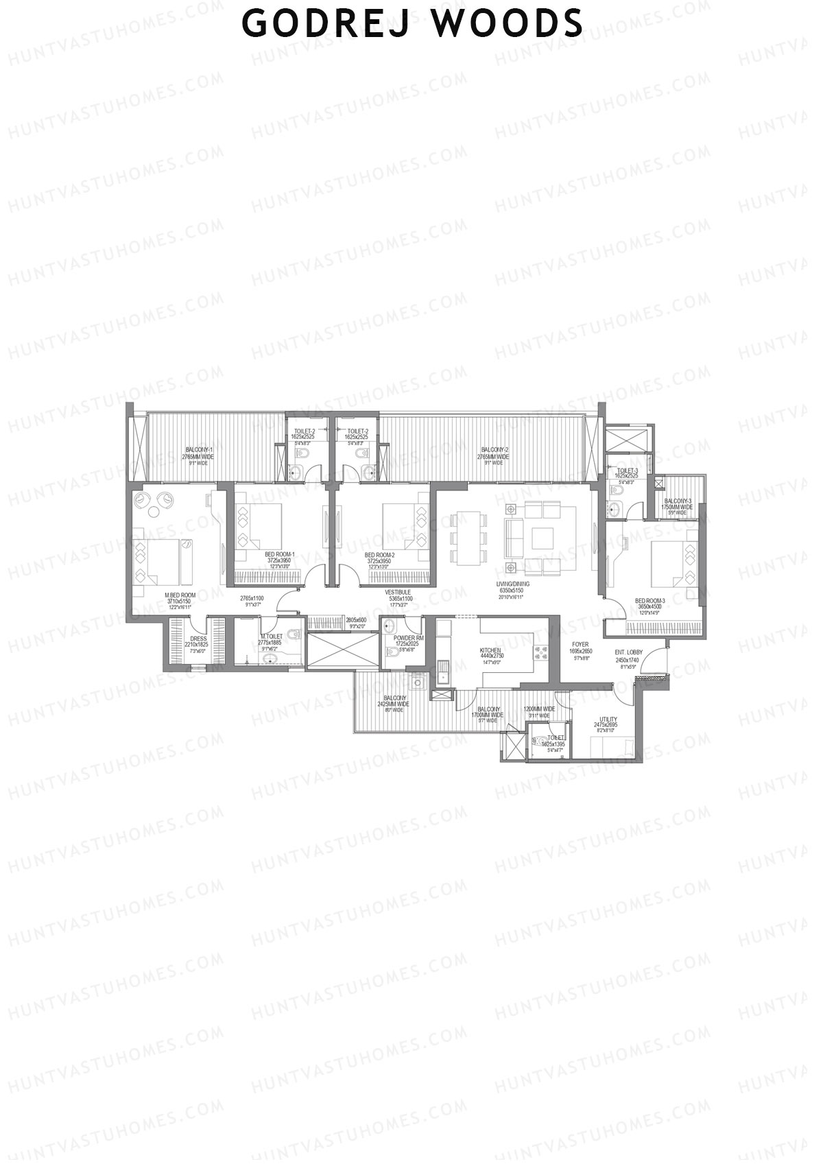 Godrej Woods Tower 10 Unit 1 (Type 3) Floor Plan