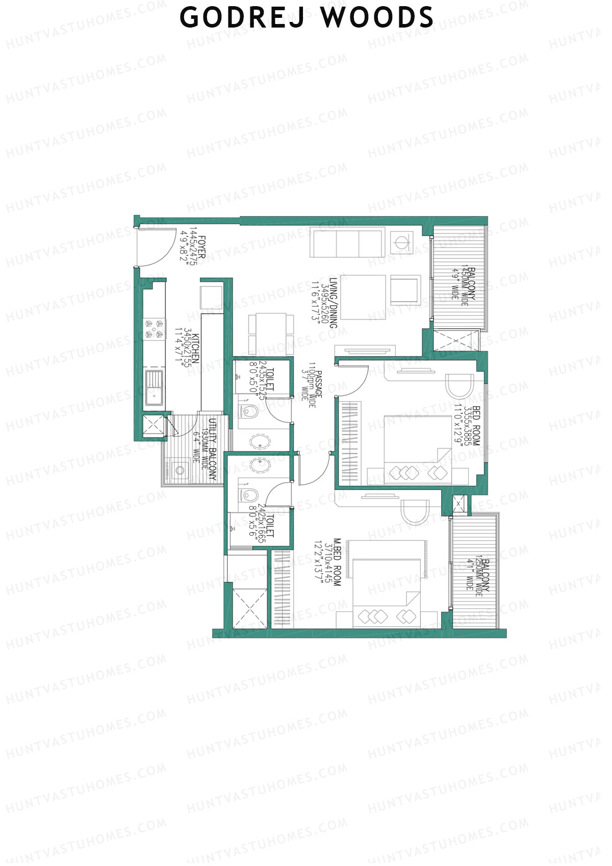Godrej Woods Tower 1 Unit 3 (Type 1A) Floor Plan