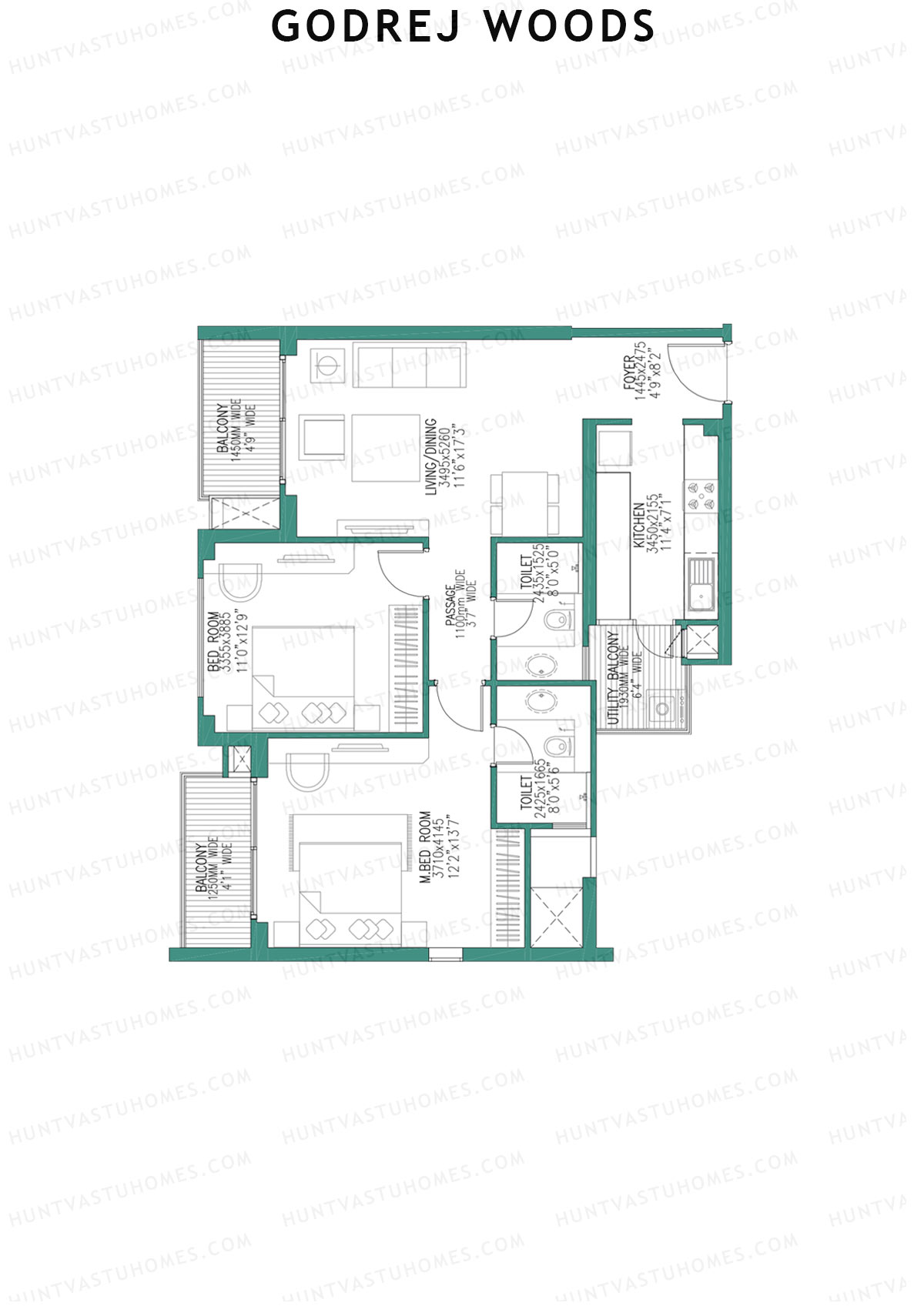 Godrej Woods Tower 1 Unit 8 (Type 1B) Floor Plan