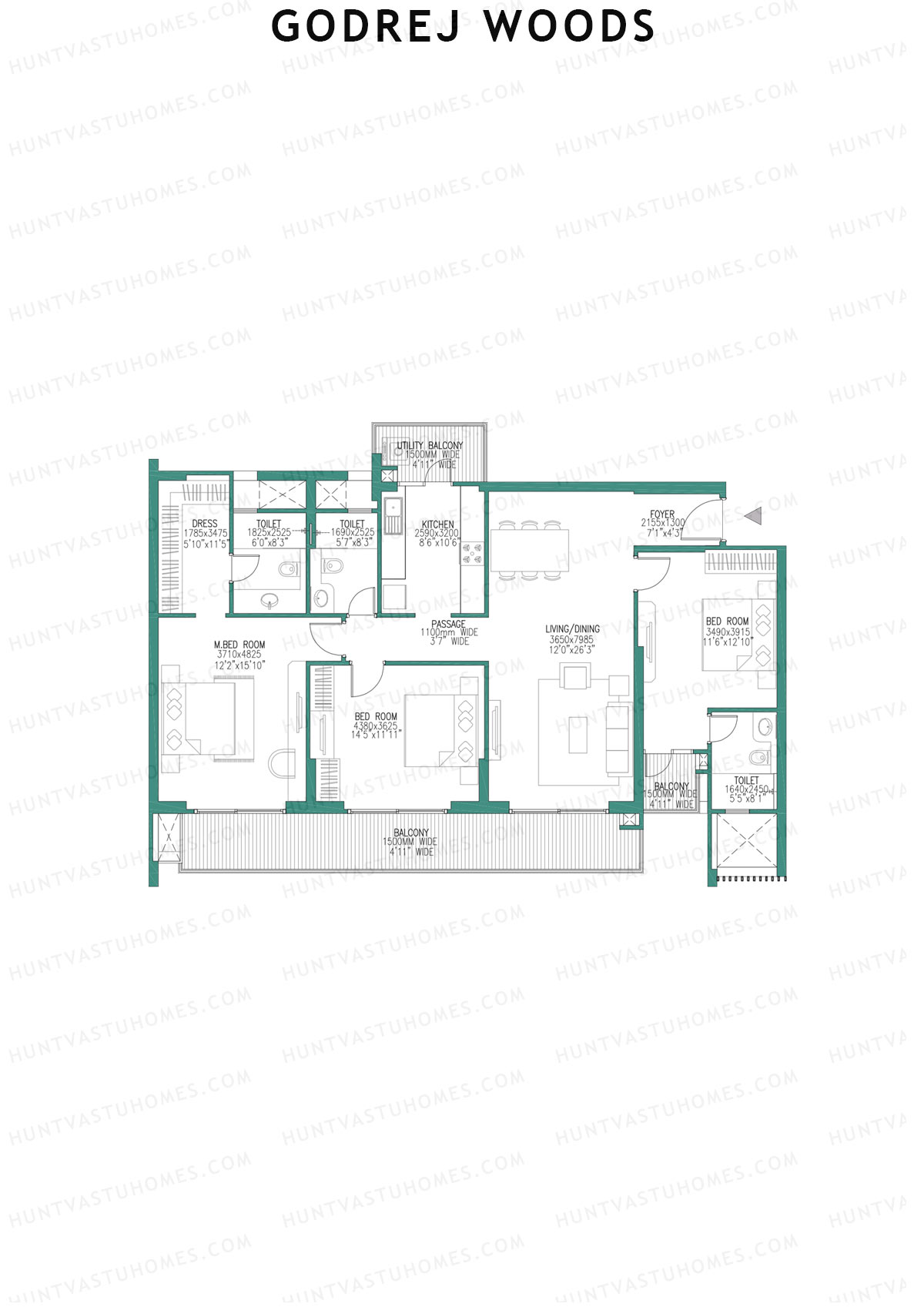 Godrej Woods Tower 2 Unit 3 (Type 1C) Floor Plan