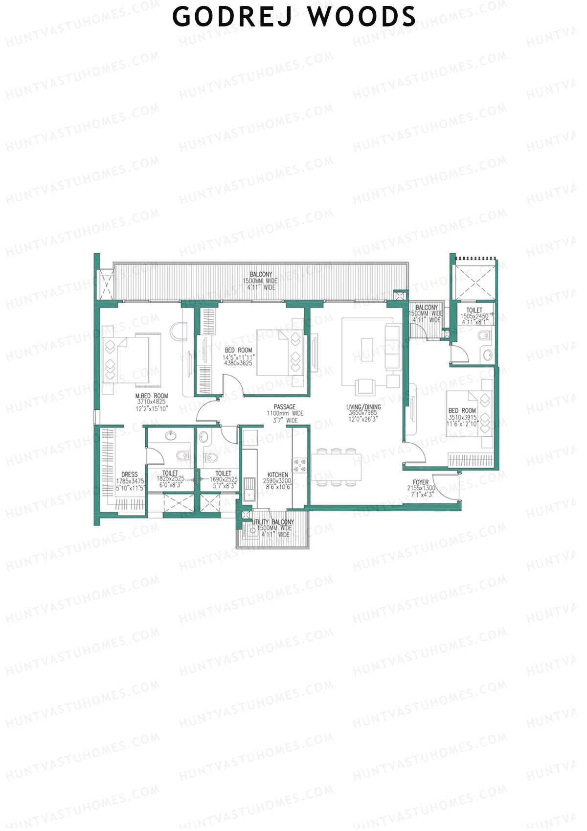 Godrej Woods Tower 3 Unit 1 (Type 1B) Floor Plan