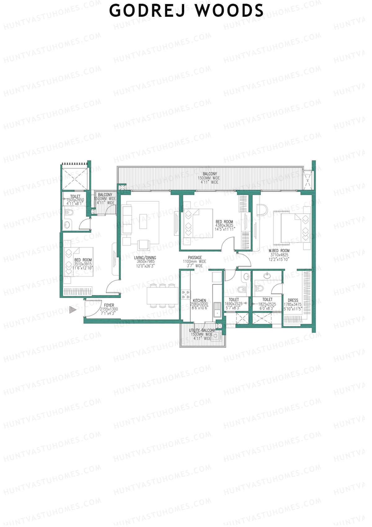 Godrej Woods Tower 3 Unit 2 (Type 1A) Floor Plan